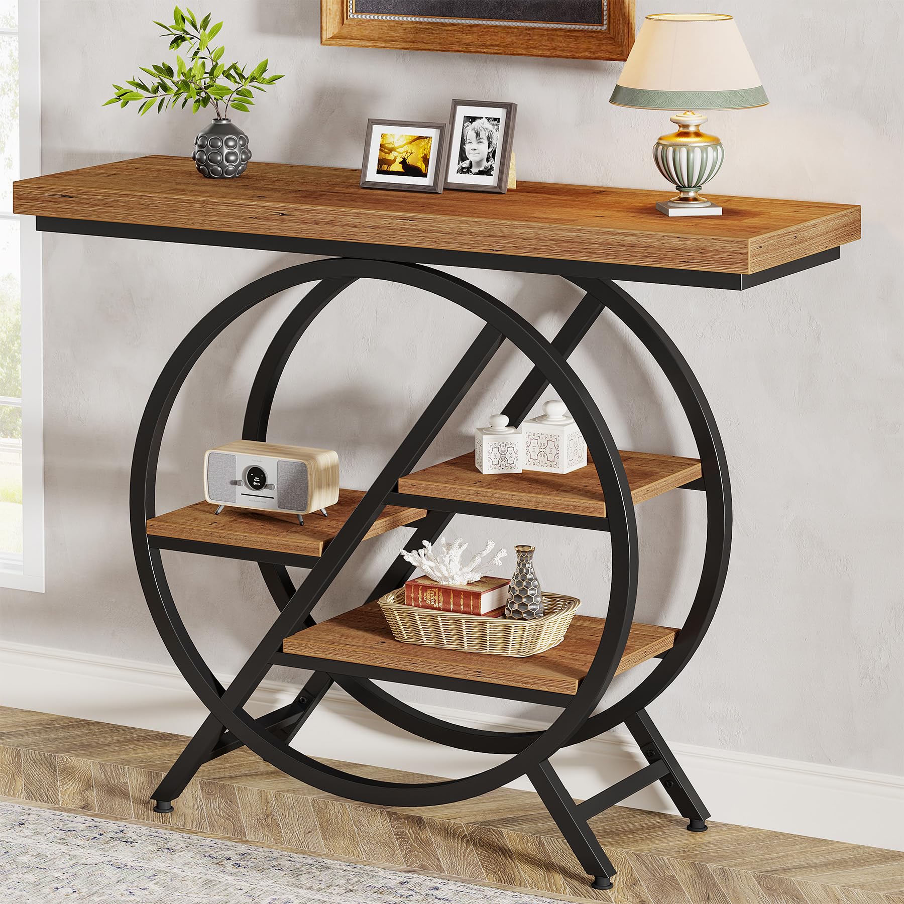 Tribesigns Tavolo consolle, tavolo da ingresso da 90 cm con piano ispessito, divano industriale stretto a 4 livelli con struttura geometrica in metallo per soggiorno, ingresso, marrone chiaro