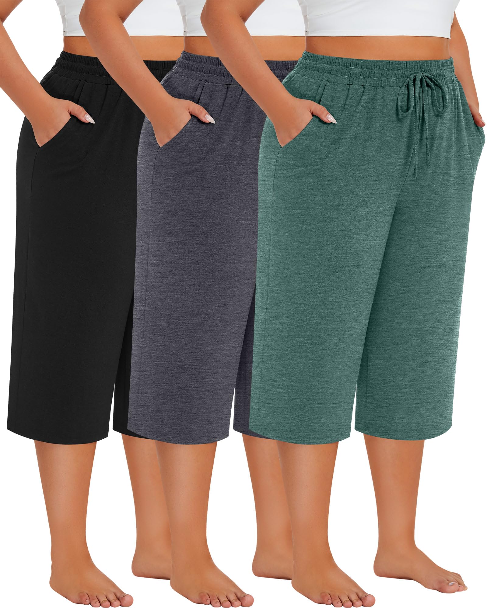 Neer 3 Pack Women's Plus Size Cotton Capris, Stretchy Wide Leg Cropped Pants with Pockets Fit Loose Lounge Pajama Sweatpants