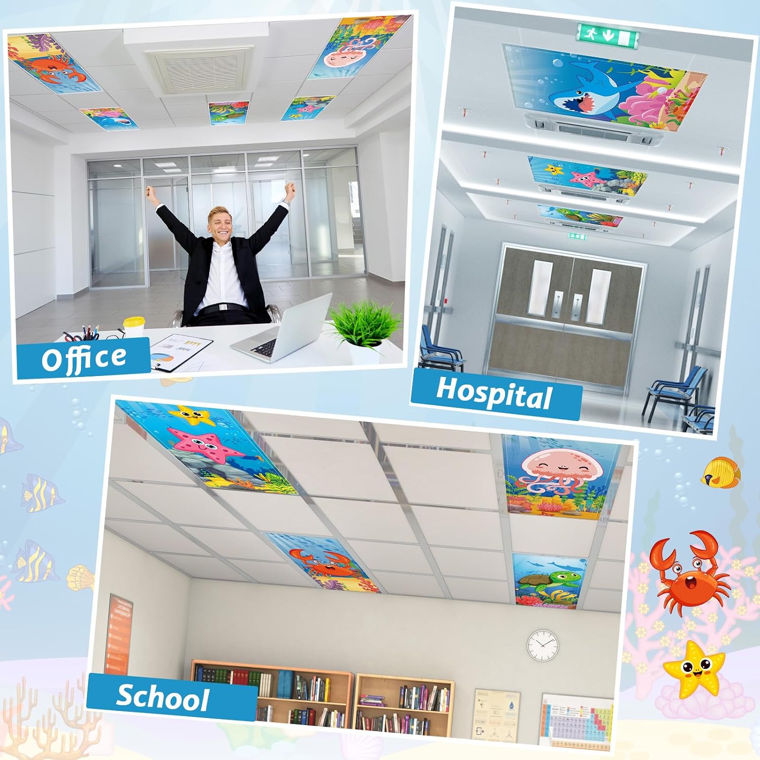 6 Pcs Fluorescent Light Covers with 60 Magnets Decorative for Classroom Ceiling Lights 4 x 2 Feet Magnetic Light Cover Filter Easy Install for VBS Office Hospital Home Ceiling Supplies (Ocean Animal)