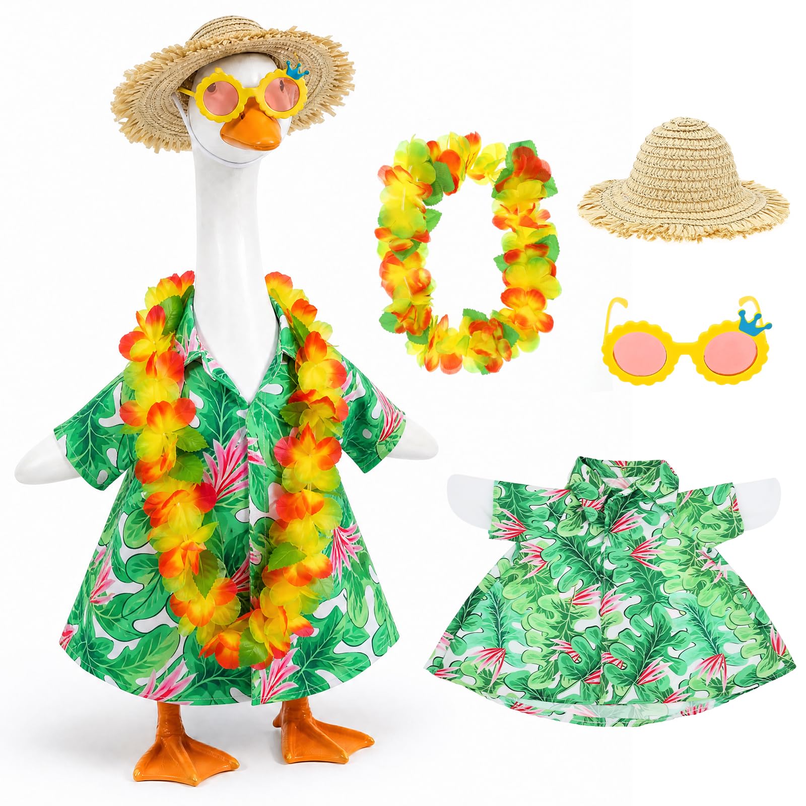 Kuanght 4 Pcs/Set Hawaiian Porch Goose Outfits, Summer Lawn Goose Costume with Dress, Straw, Hat and Sunglasses, Yard Geese Dress Garment for Garden, Patio and Yard Decoration(Style 1)