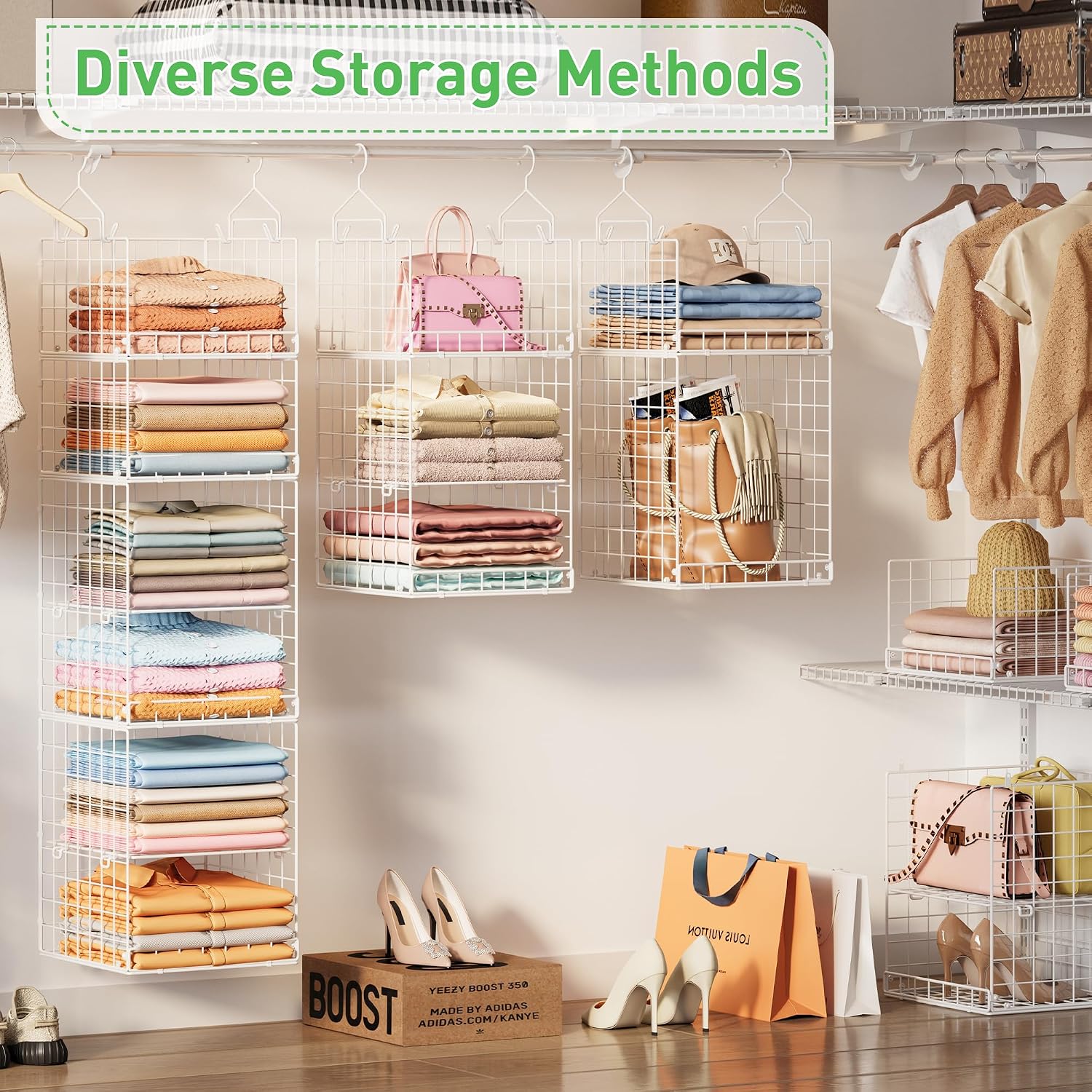 6 Tier Hanging Closet Organizers and Storage, 4 Hooks 2 Adjustable Dividers | Stackable Hanging Closet Shelves, Wire Storage Basket Bins for Clothing Purse Sweaters Shoes Socks Dolls, Foldable
