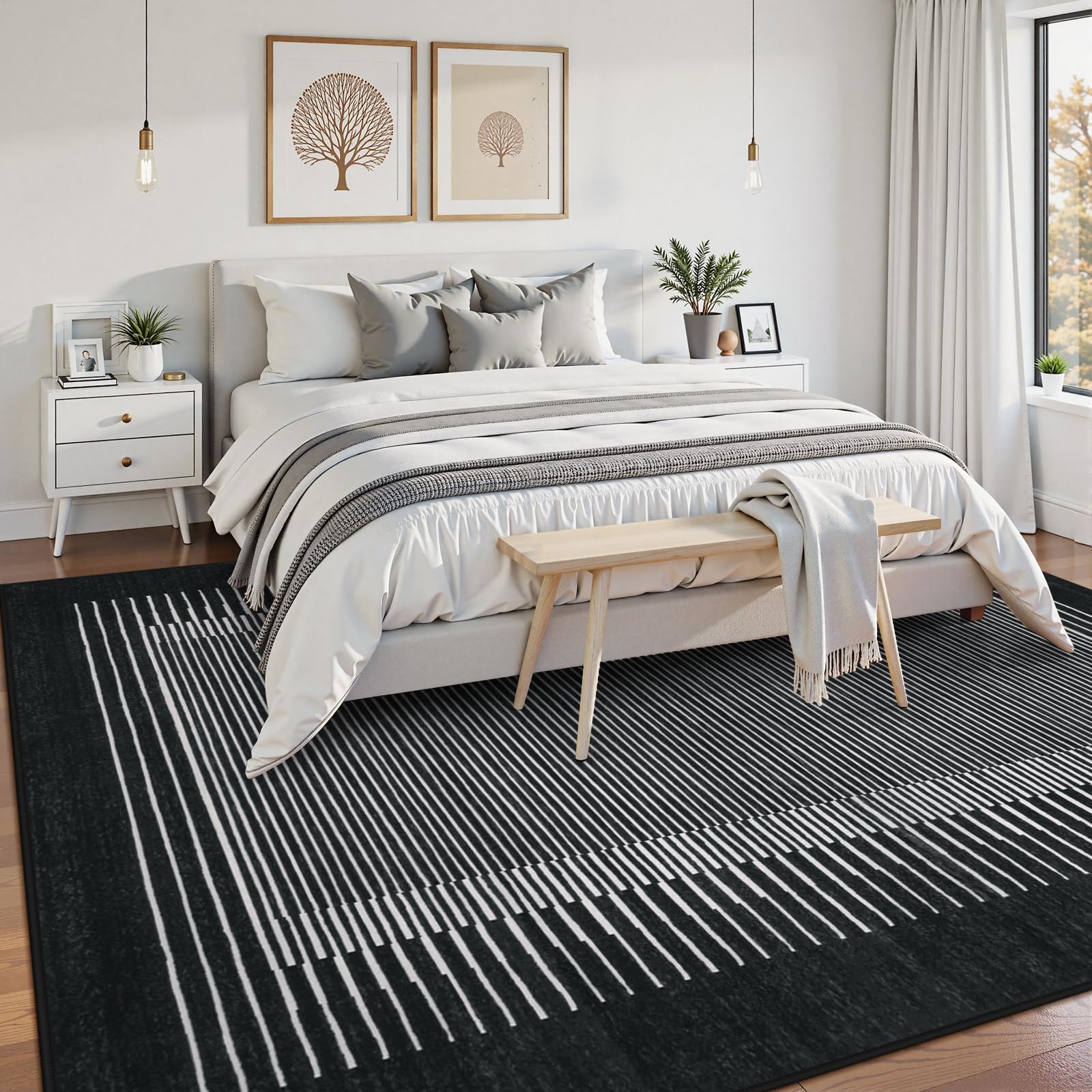 Wonnitar Striped Black Area Rugs 9x12 Living Room, Non-Slip Soft Berber Stripe Bedroom Rug, Low Pile Minimalist Floor Carpet for Dining Room Living
