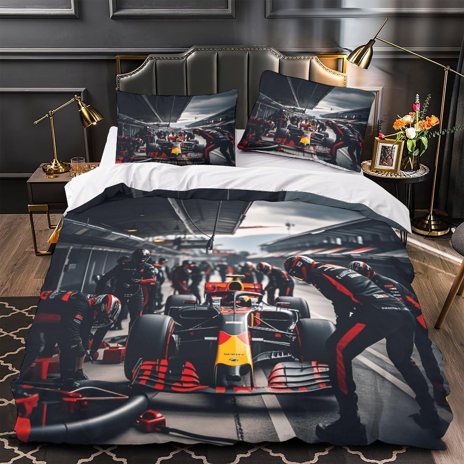 XiaopangXY Lovingly Formulaa Racing Duvet Cover With Hidden Zipper, Single（140x200cm） Pit Stop Quilt Cover with Pillowcases, Soft Microfiber Comforter Cover for Boys Girls