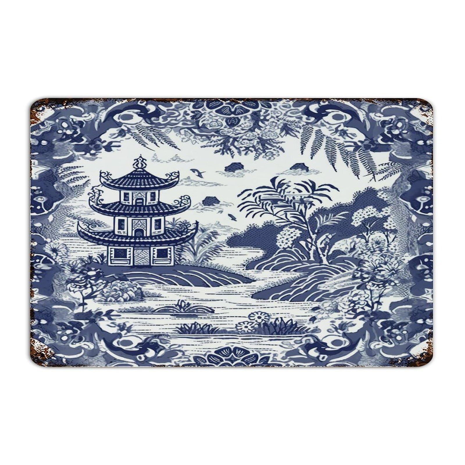 Panneau en métal de garage design pagode asiatique bleu et blanc 30x46cm