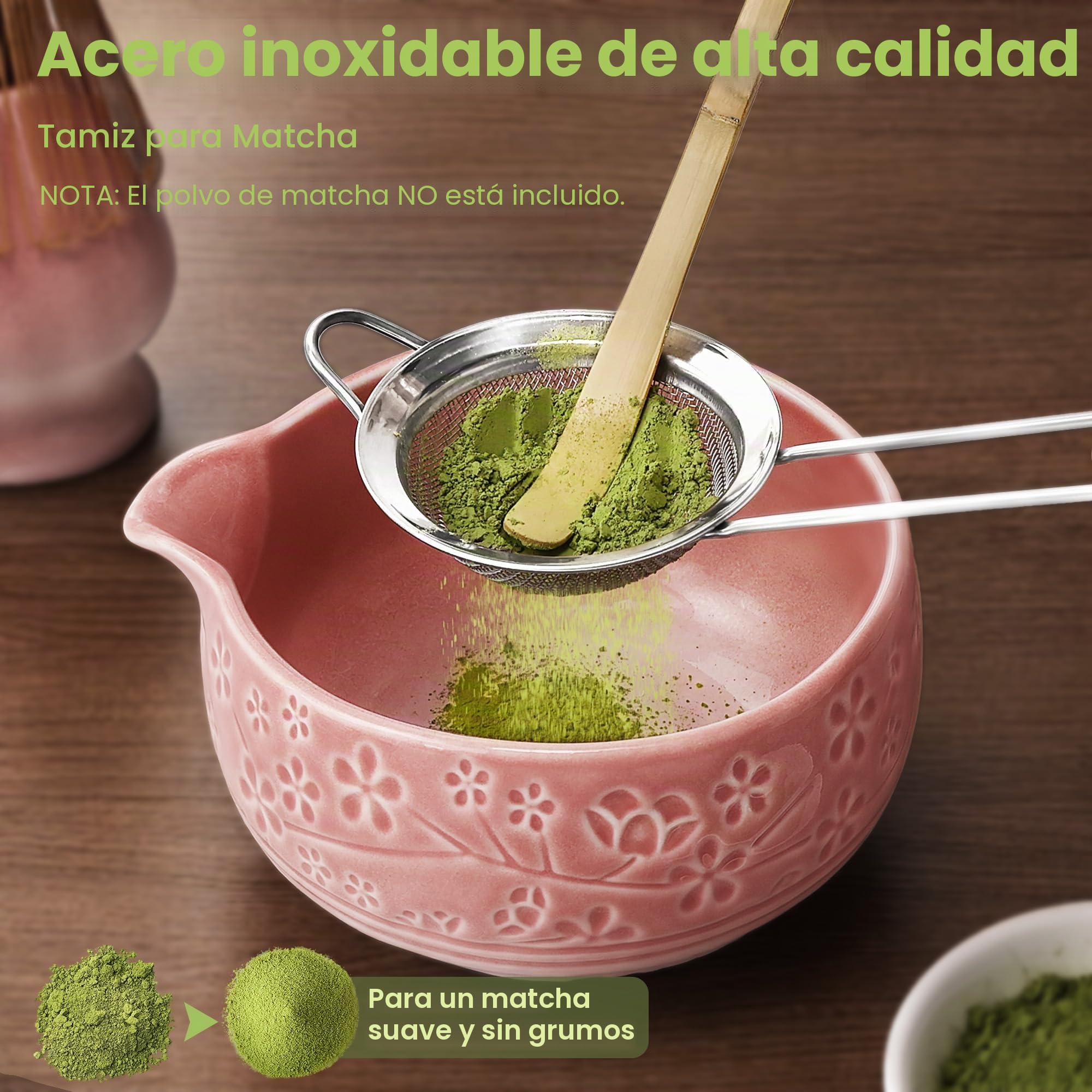 Kit Matcha 7 piezas, Batidor de Bambú con Soporte, Cuenco de Cerámica con Pico, Colador, Cuchara, Portacucharas y Paño – Para Matcha Latte, Ceremonia del Té Japonés – Gradiente Rosa