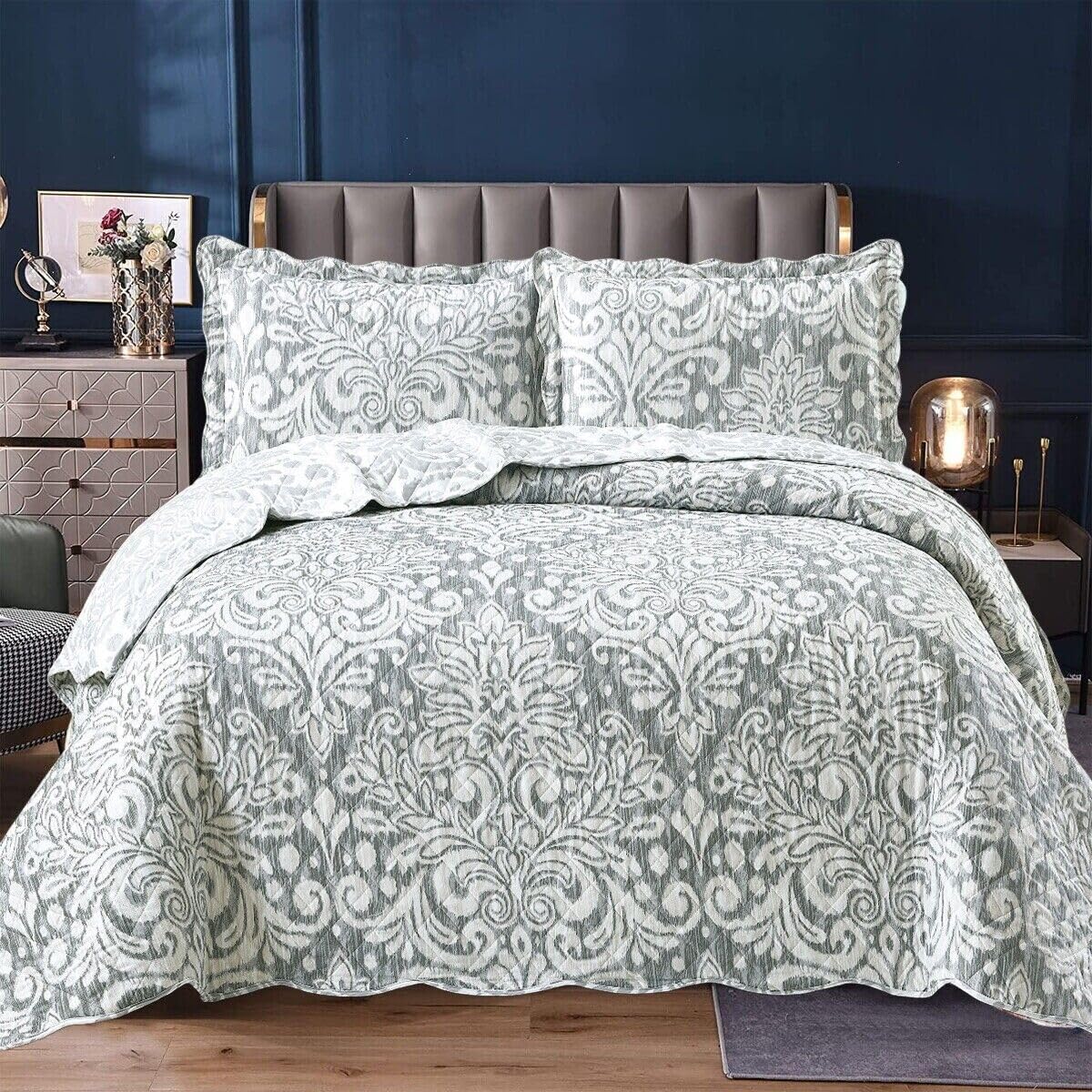 SHAZ HOME Classic Designers 3PCs Luxury Cotton Rich Duvet Cover Soft Bedding Set with Matching Pillow Covers (Royal Damask Grey, Single) โ image 1