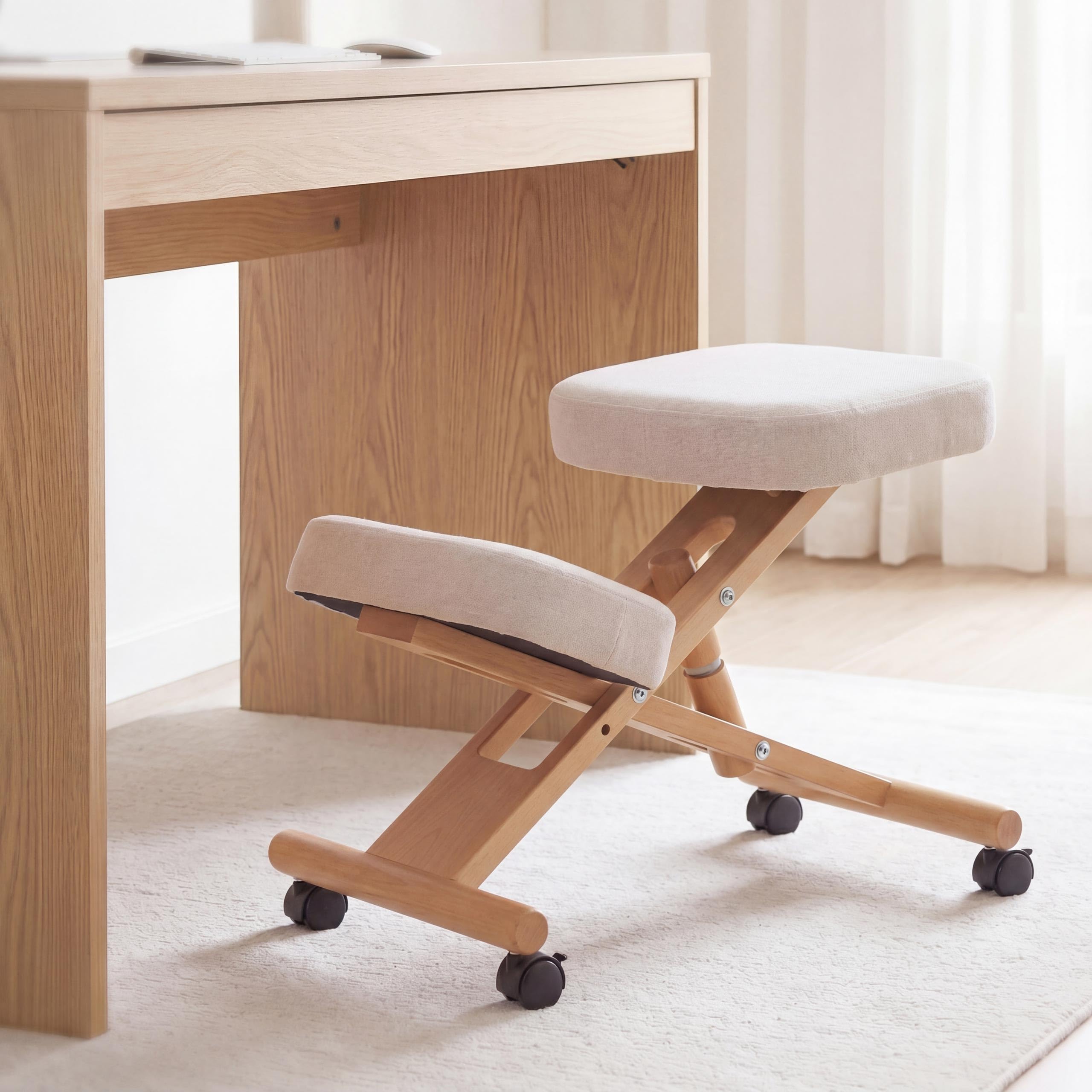 Mendler Kniestuhl HWC-Q46, Sitz-/Kniehocker höhenverstellbar Rollen Stoff/Textil (200g/m²) Holz - Creme