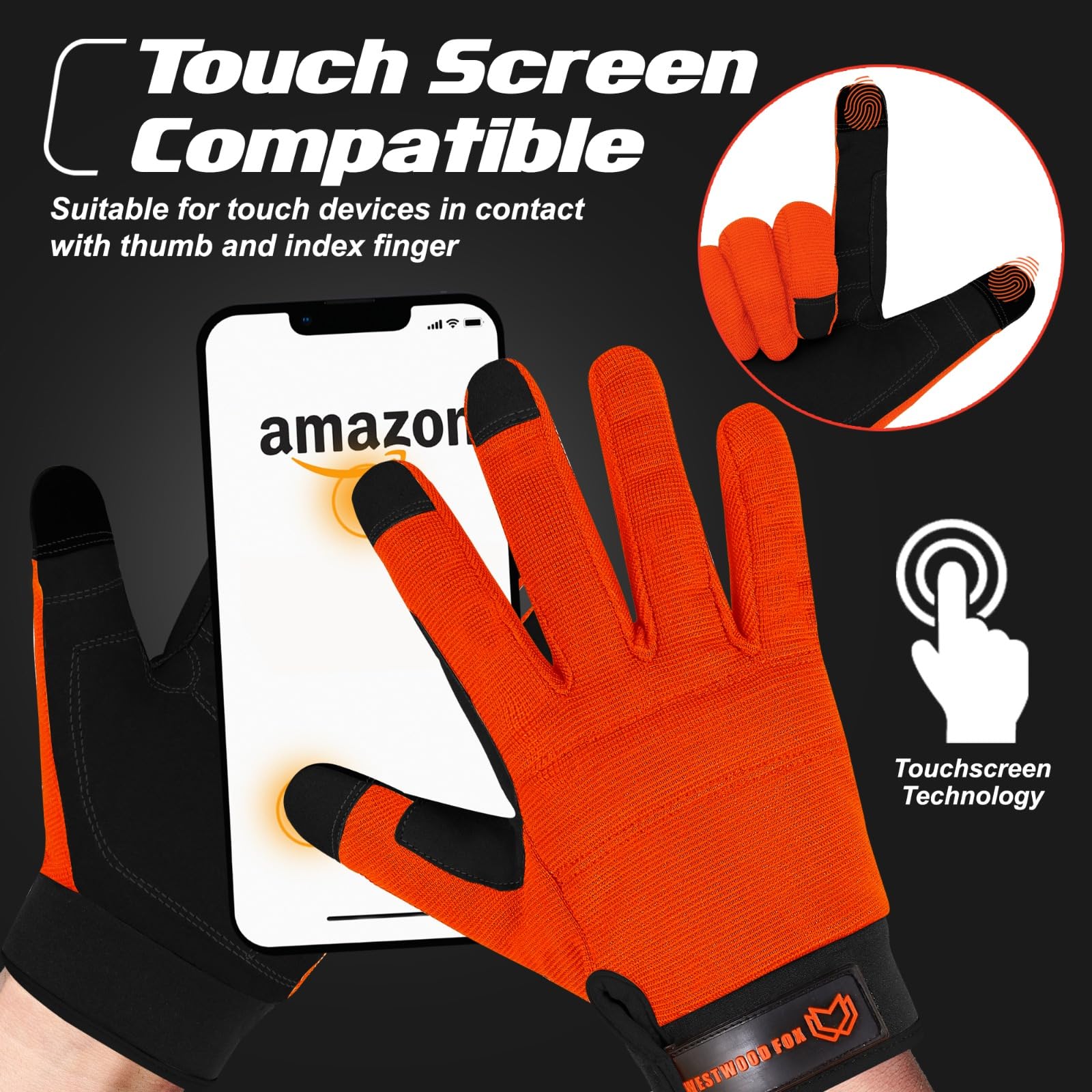 WESTWOOD FOX Safety Work Gloves Heavy Duty Gardening Gloves for Men Thorn Proof Padded Palm Protection Touch Screen Breathable Builder Mechanic Working Multi-Functional (Orange, Small) - Image 3