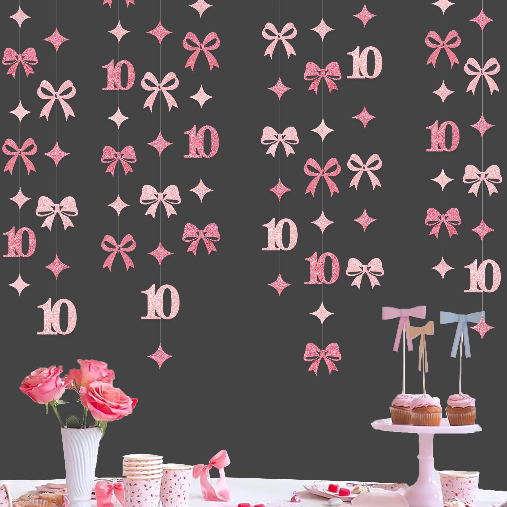 Glitter Pink 10th Bow Birthday Decorations Hot Pink Conquette Bow Garland Streamer Banner Backdrop for Girls Happy 10th Birthday Double Digits I'm 10 Cheers to 10 Years Old Anniversary Party Supplies