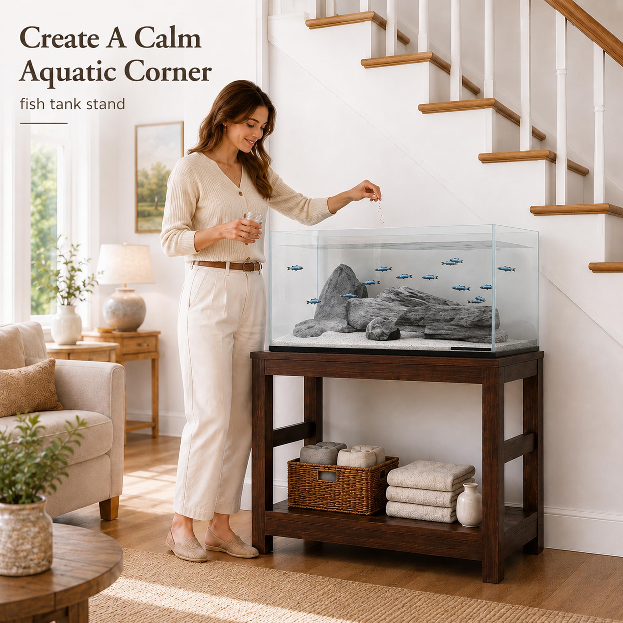 Mobile Acquario 45–80 Galloni con Ripiano, Supporto in Legno 600 kg | Telaio in Pino e Piano Composito per Acquari, Terrari, Rettili e Spazio Portaoggetti(Walnut color,70×45cm / 27.6×17.7in)