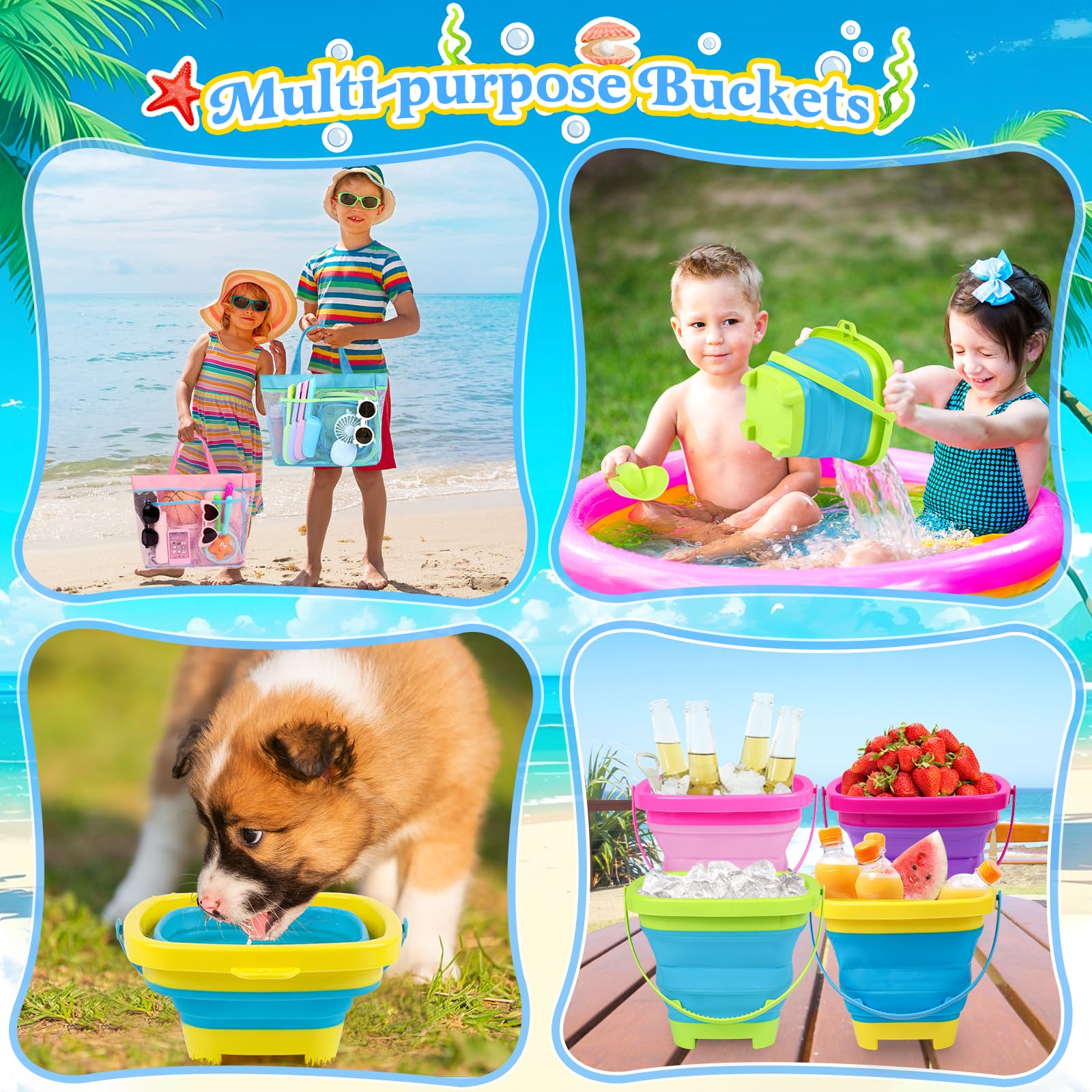 Faltbare Strandeimer für Kinder, 4 Packungen, faltbare Sandeimer und Schaufeln mit Netz-Strandtasche, Silikon-Sandeimer für Kleinkinder, Strandspielzeug, Ostereiersuche, Camping, Reisen, Angeln