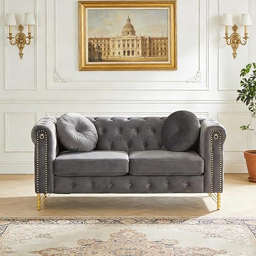 Miniatura 16 de SLEERWAY Cómodo sofá individual con brazos enrollados y almohadas, silla de terciopelo moderna de mediados de siglo con ribete dorado y patas, Beige