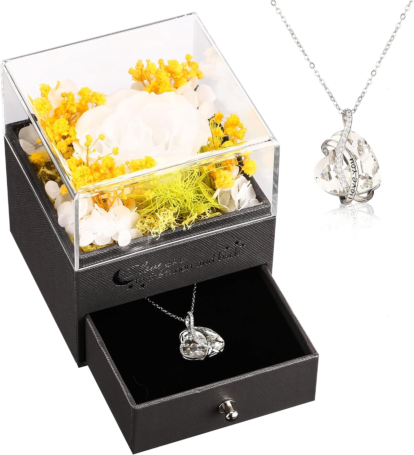 Preserved Red Real Rose with I Love You Necklace-Eternal Flowers Rose Birthday Gifts for Mom Grandma Wife, I Love You Gifts for Her, Anniversary or Romantic Gift for Women (April)