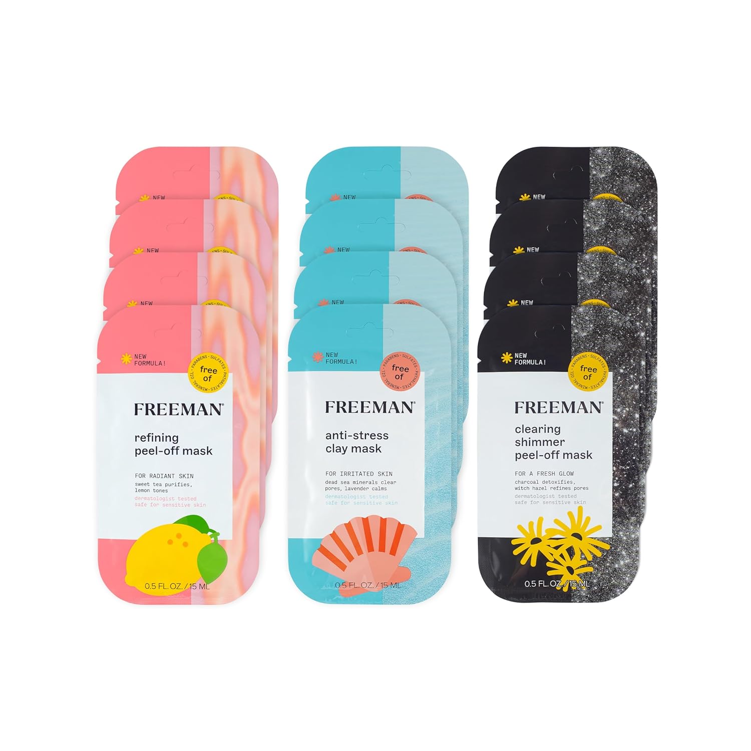 Freeman Facial Mask Variety 12 Count Bundle, Peel-Off & Clay Face Masks, Pore Clearing, Brightening, & Calming Skincare, For All Skin Types, Travel Size Masks, 0.5 fl. oz./15 ml Sachets