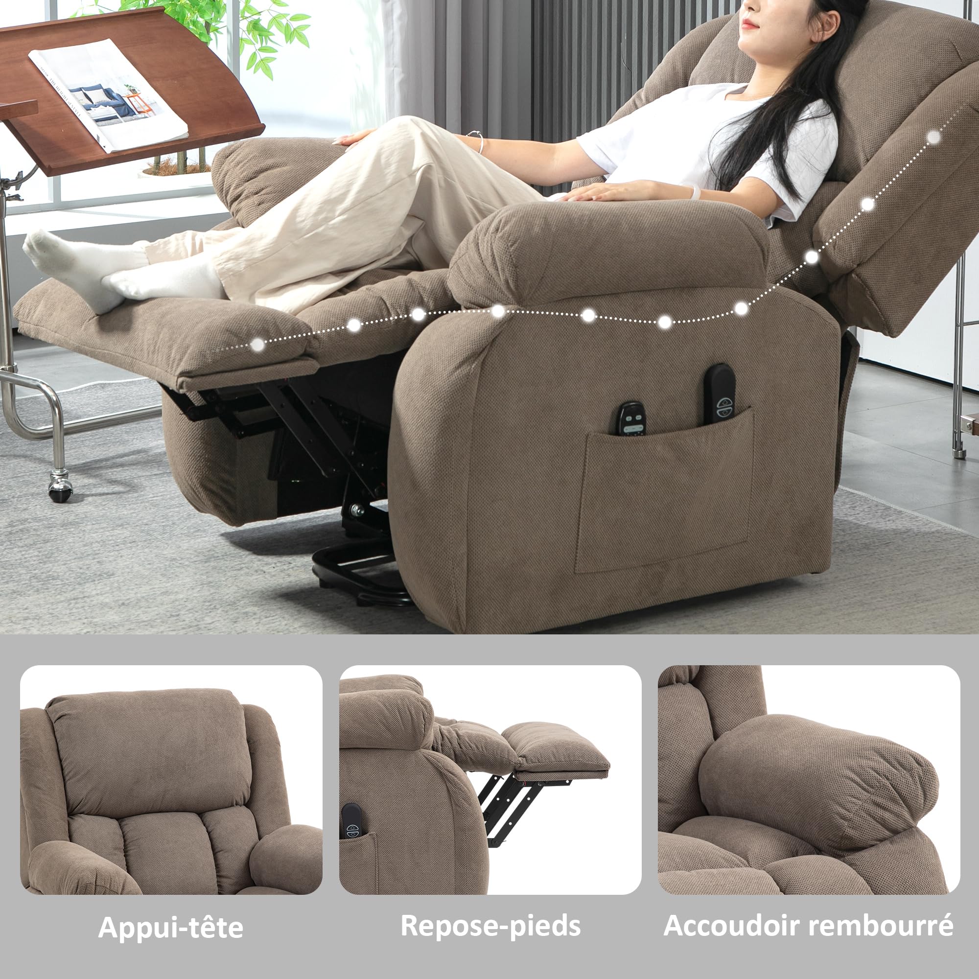 HOMCOM Fauteuil releveur électrique Chauffage et Massage par Vibration Fauteuil Relax électrique en Velours Dossier inclinable Assise Large Ports USB télécommande Repose-Pied Poche latérale Marron