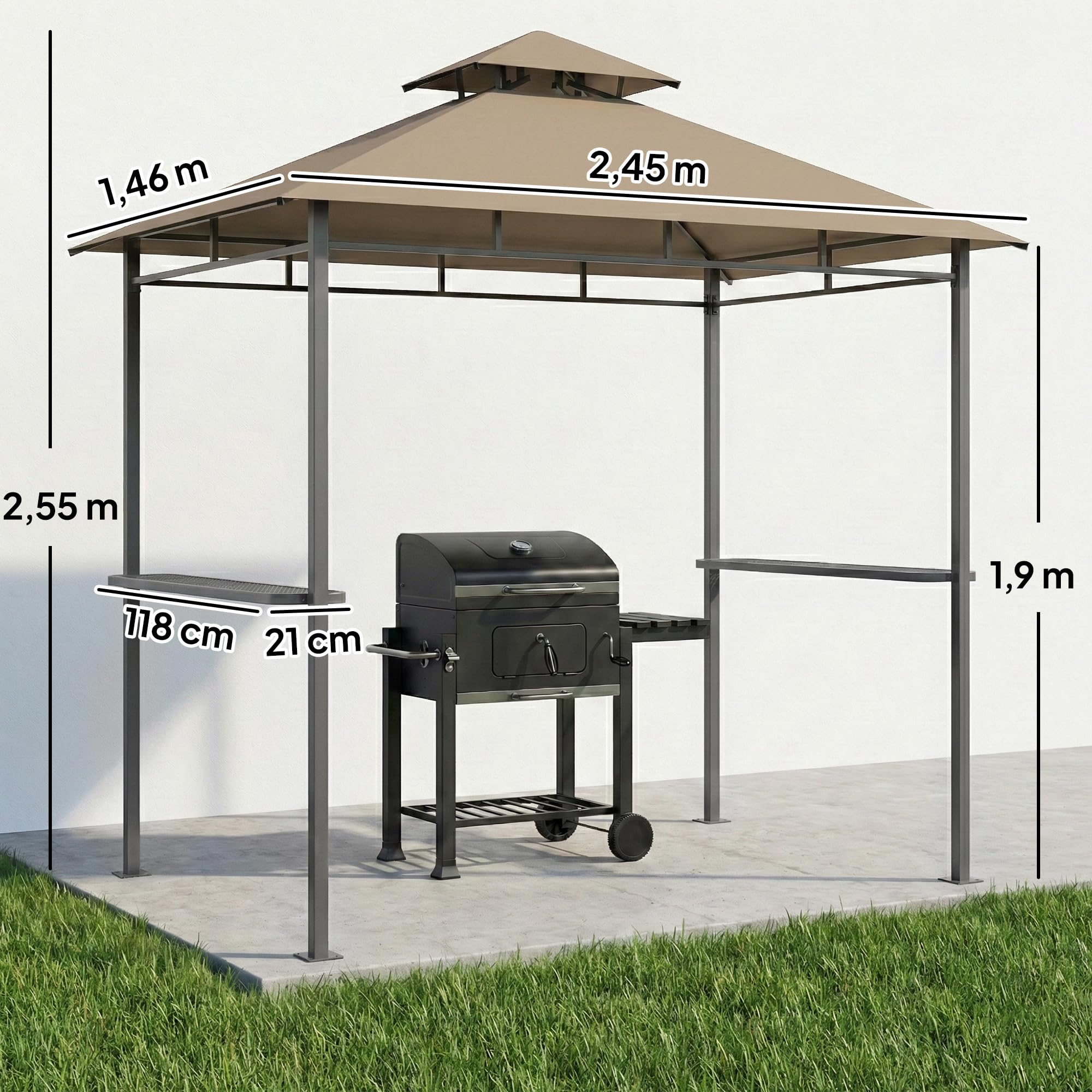 Outsunny Rifugio per barbecue all'aperto, gazebo da giardino, 245 x 146 x 255 cm, doppio tetto, 2 ripiani laterali, telaio in metallo, gazebo per barbecue, esterno per feste, picnic, terrazza, marrone