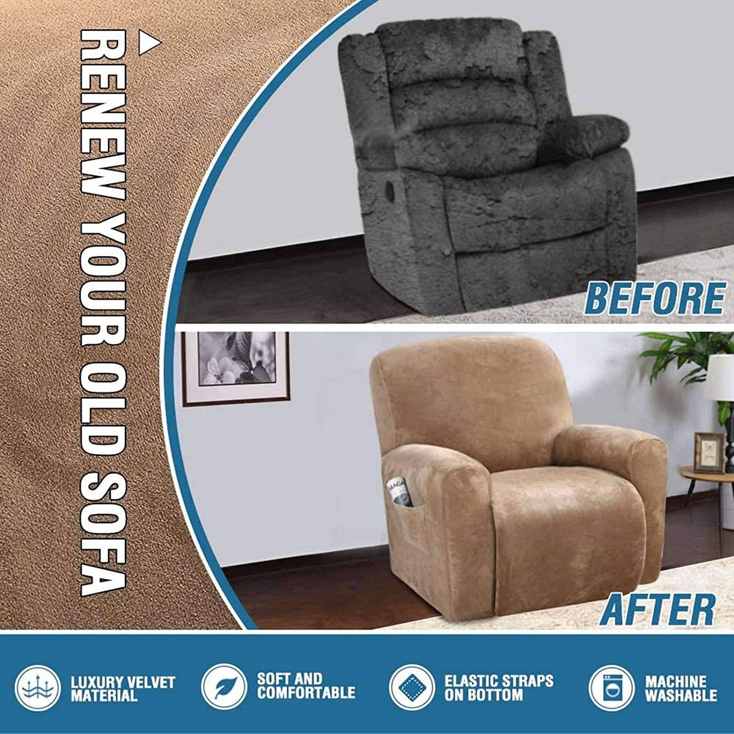 Stretch Velvet 1 2 3 Seat Recliner Sofa Cover Pet Dog Kid Solid Color Sofa Covers Relax Lounger Slipcovers Couch Towel Armchair Covers (Color : D, Size : 1Seater 4-Piece)