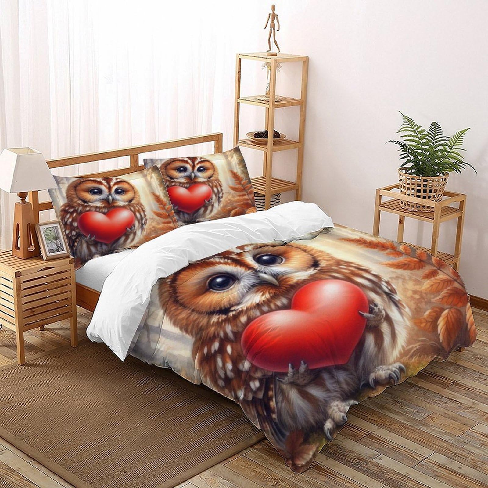 Parure de couette chouette cœur en microfibres 260x220cm pour lit adulte