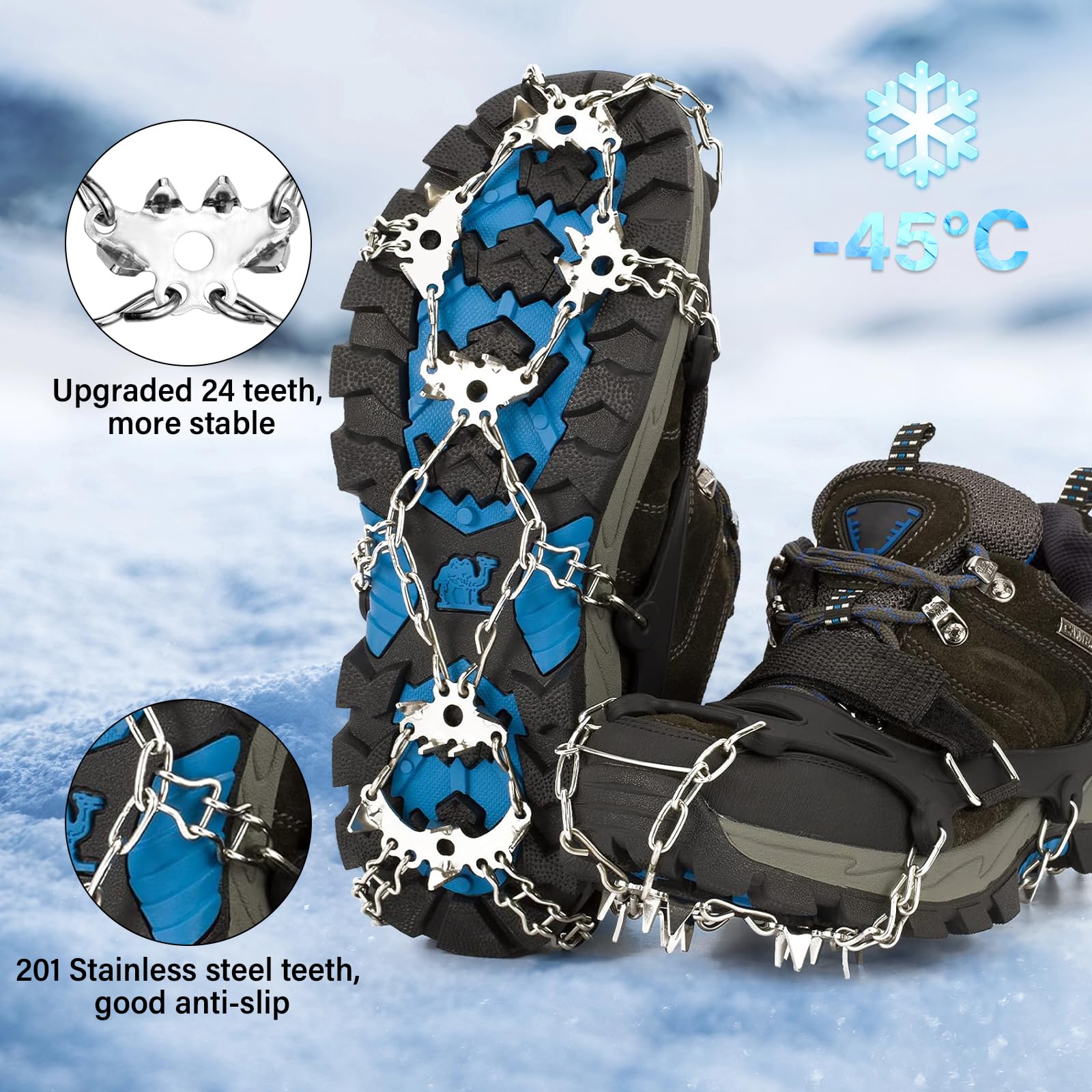 Steigeisen für Bergschuhe mit 24 Zähne, Spikes für Wanderschuhe,Verdickte Schuhkrallen aus Edelstahl,für Walking, Joggen, Klettern und Wandern (M)