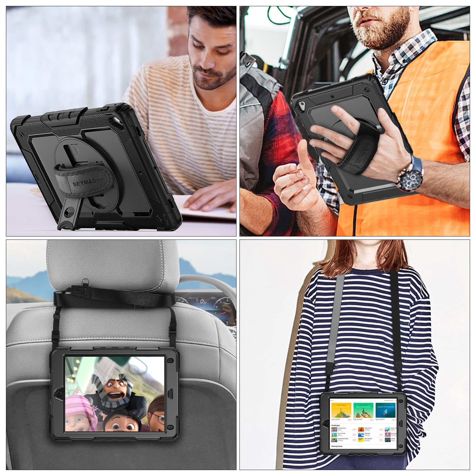 SEYMAC stock Case for iPad 6th / 5th Generation Case/Air 2 / Pro 9.7 inch, Heavy Duty Protective with Screen Protector, with Pencil Holder, Hand Strap, Shoulder Strap, 360 Rotate Stand, Black — Amazon image 5