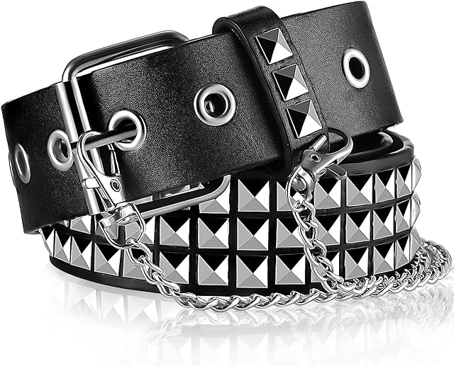 Punk Belt PU Leather Studded Belt for Women Threads Goth Pyramid Belt Square Beads Belt with Studs Rock Rivets Belt for Women Men Gothic Jeans Belt Clothing Accessories