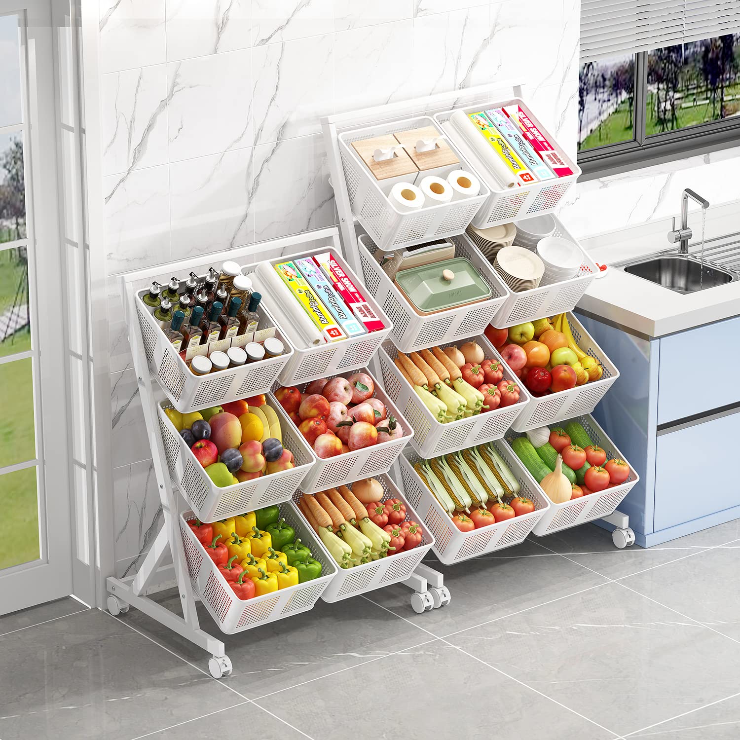 MoxeayMetal Kitchen Storage Baskets,4 Tier Fruit Vegetable Storage Basket with Wheels,Floor Stand Storage Basket Cart Kitchen Storage Rack with Push Handle for Kitchen Bathroom Pantry,White