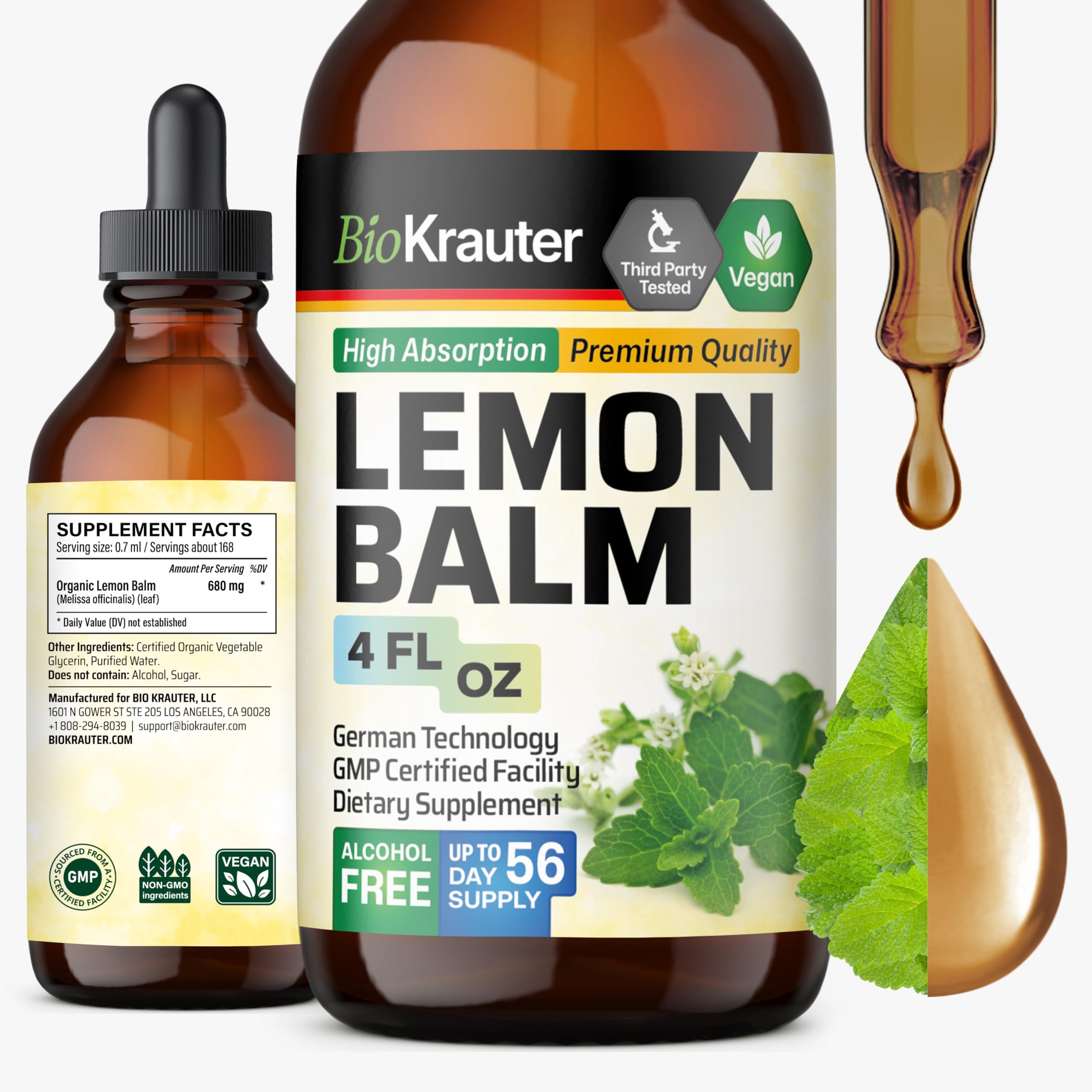 BIO KRAUTER® Lemon Balm Tincture 680 mg Melissa Officinalis - Pure Vegan Lemon Balm Extract 4 Fl.Oz 56 Days of Supply - Natural Calming & Sleep Support - Alcohol & Sugar Free - Digestion & Relaxation