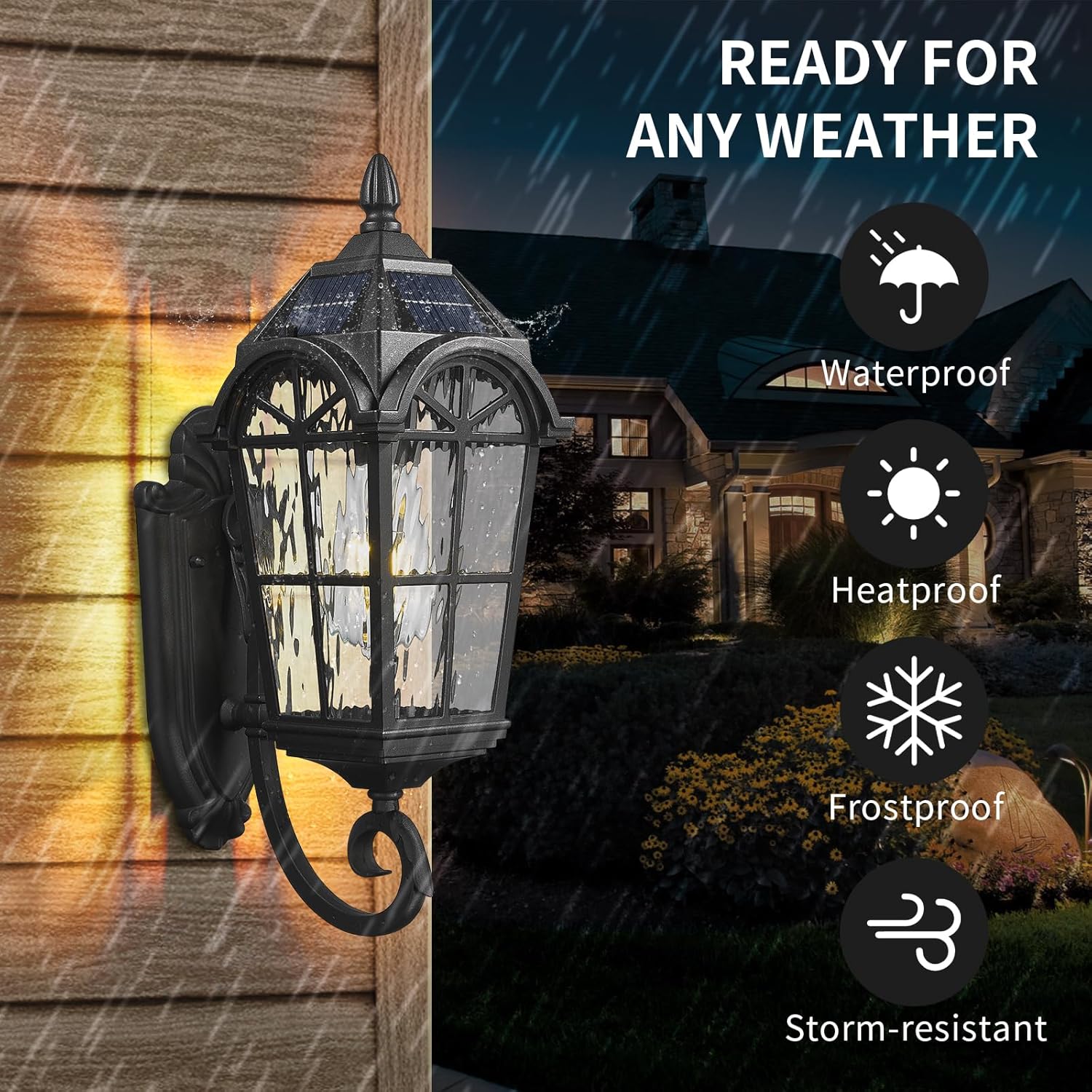 Solar Outdoor Wall Lights Exterior, Wall Mounted Lights with Remote Dusk to Dawn LED Solar Sconces Porch Lighting Waterproof Outside Lights for House Patio Doorway Porch Walkway, Black