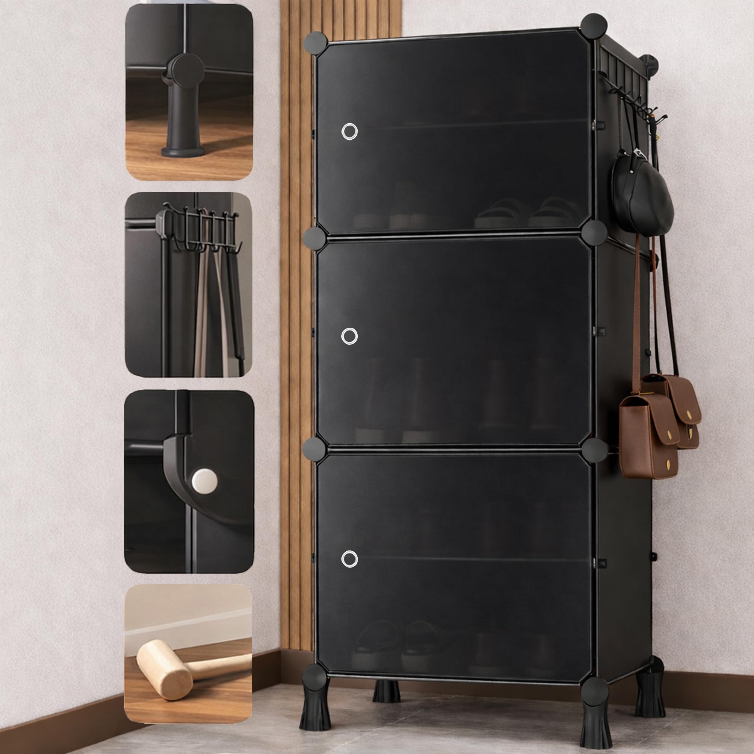Oumffy Plastic Shoe Rack for Home | 𝟔 𝐋𝐚𝐲𝐞𝐫 Shoe Organizer Cabinet with 𝟑 𝐃𝐨𝐨𝐫𝐬, Leg| Dustproof Shoe Storage Rack Entryway, Bedroom & Living Room | Space Saving Multipurpose Stand | Black