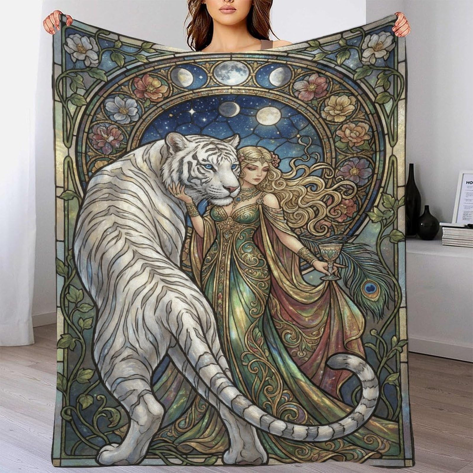 W7C8U2X3 Art Nouveau Mucha Tiger Flannel Throw Blanket, Bedroom Sofa Couch