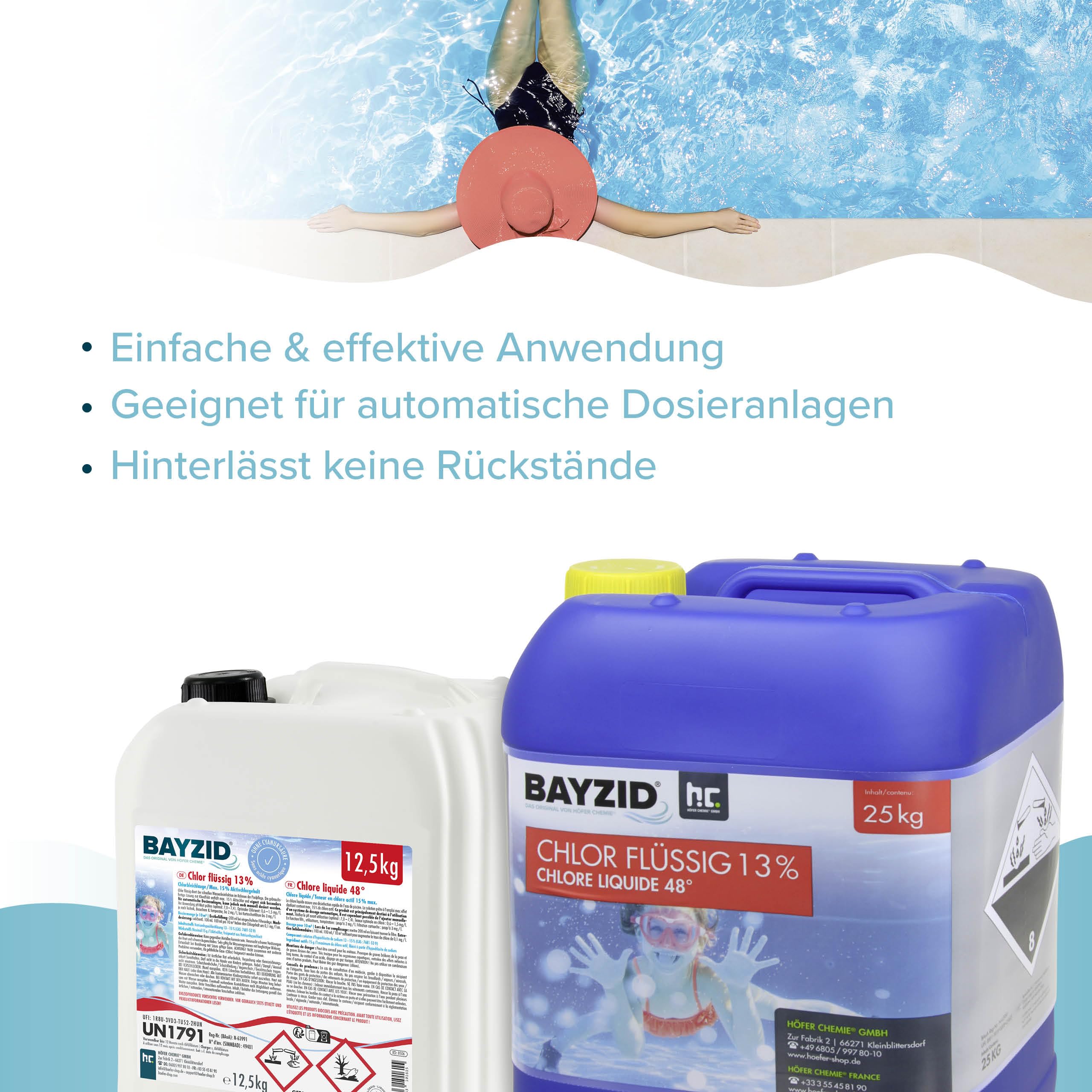 Höfer Chemie 12,5 kg Pool Flüssigchlor BAYZID - mit 13 bis 15% Aktivchlorgehalt zur Poolpflege und Wasserdesinfektion - Made in Germany
