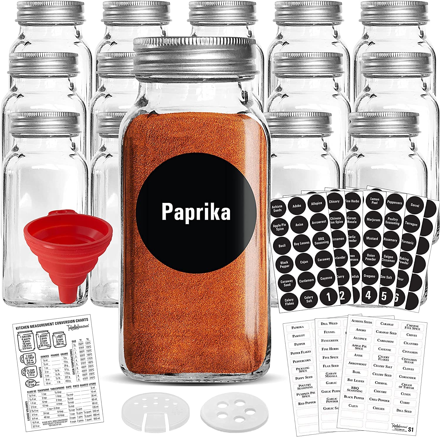 Talented Kitchen 14 Large Glass Spice Jars w/2 Types of Preprinted