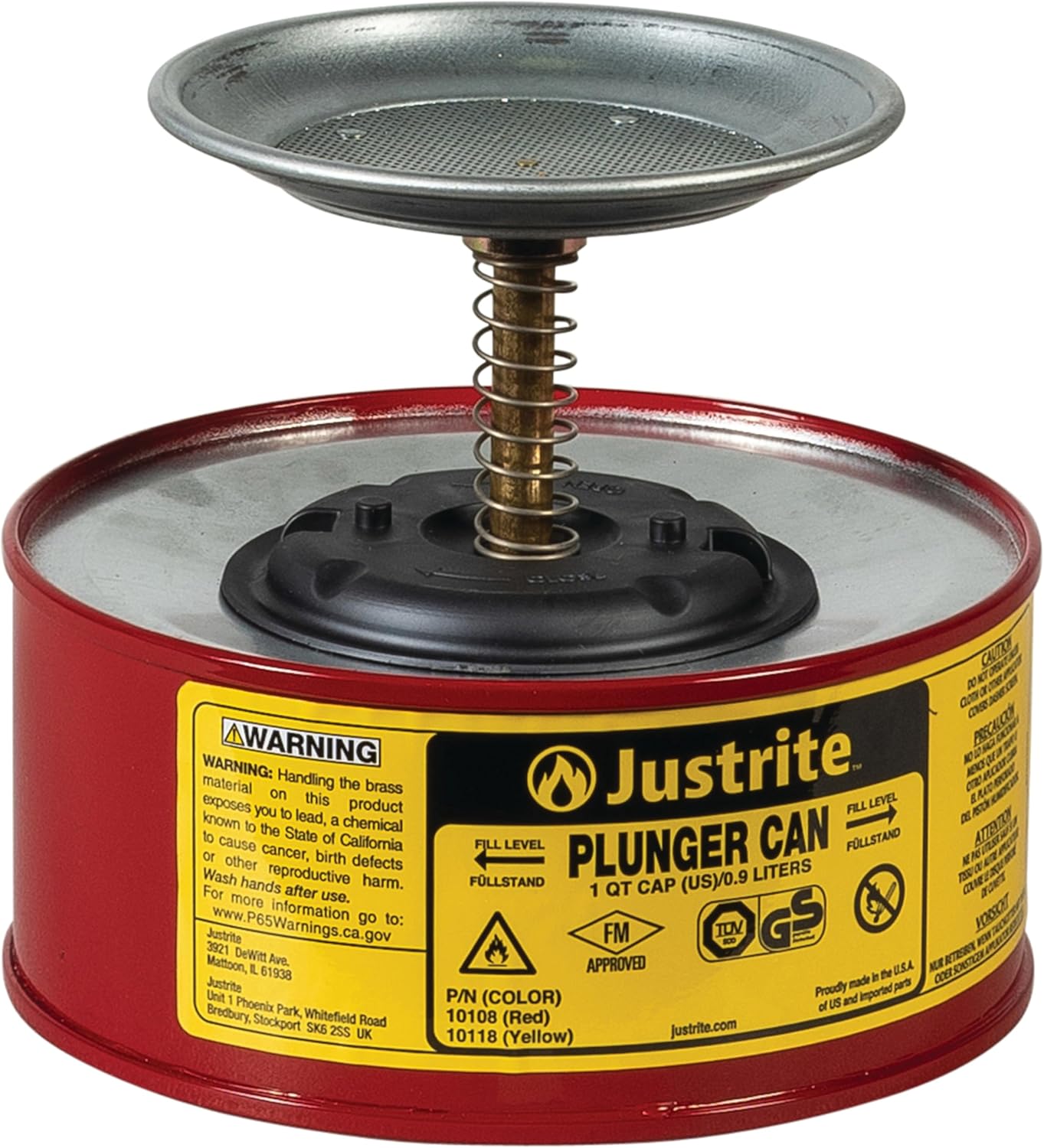 Justrite Plunger Can for Solvents, 1 Quart Capacity, 5.6" x 7.25" Steel Push-Down Solvent Dispenser Can, Made in the USA Industrial Mechanic Tools, Red, 10108