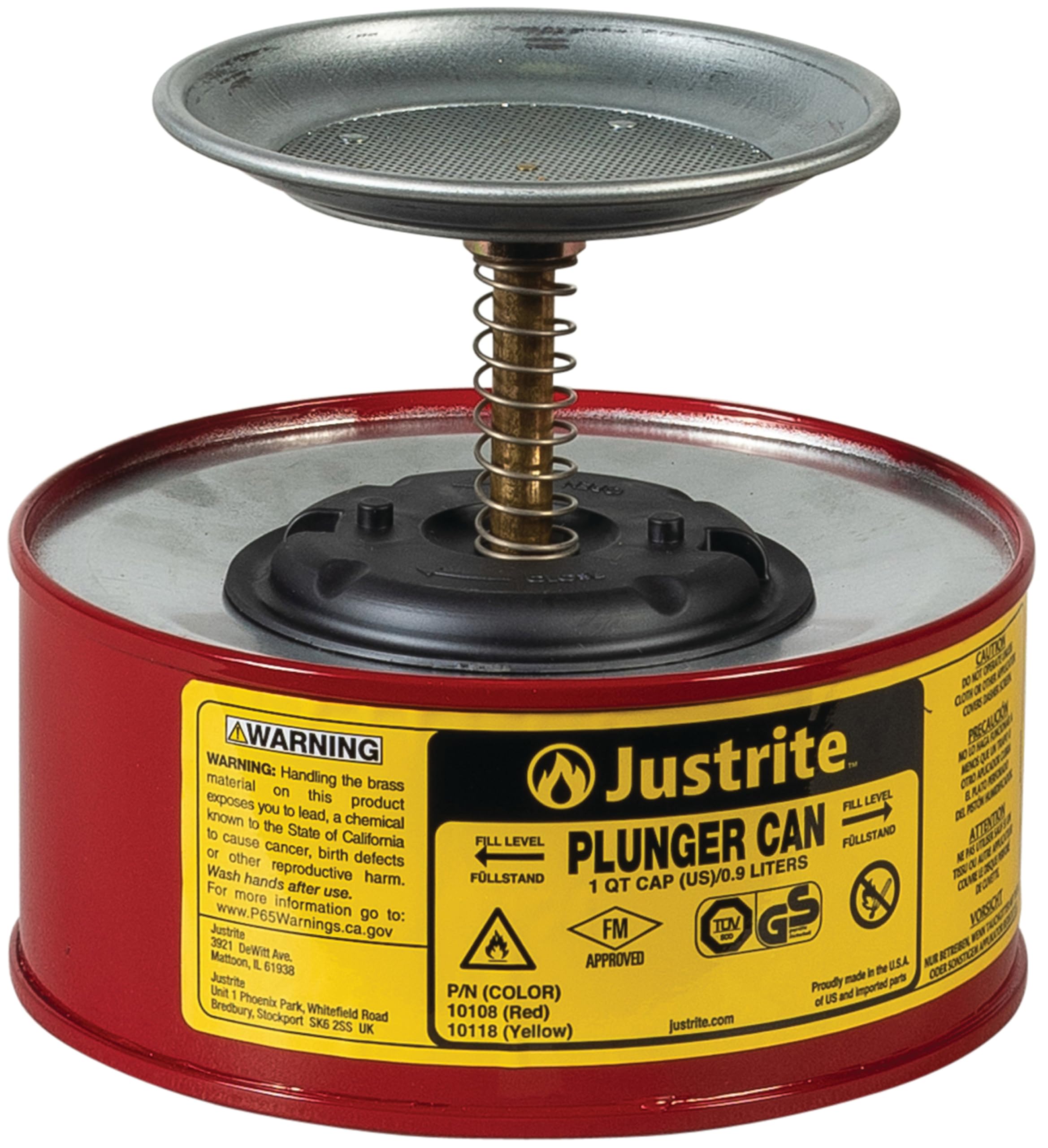 Justrite 10108 1 Quart, 7.25 O. D, 5 7/8 H, Premium Coated Steel Plunger Can With With Brass And Ryton Pump Assembly