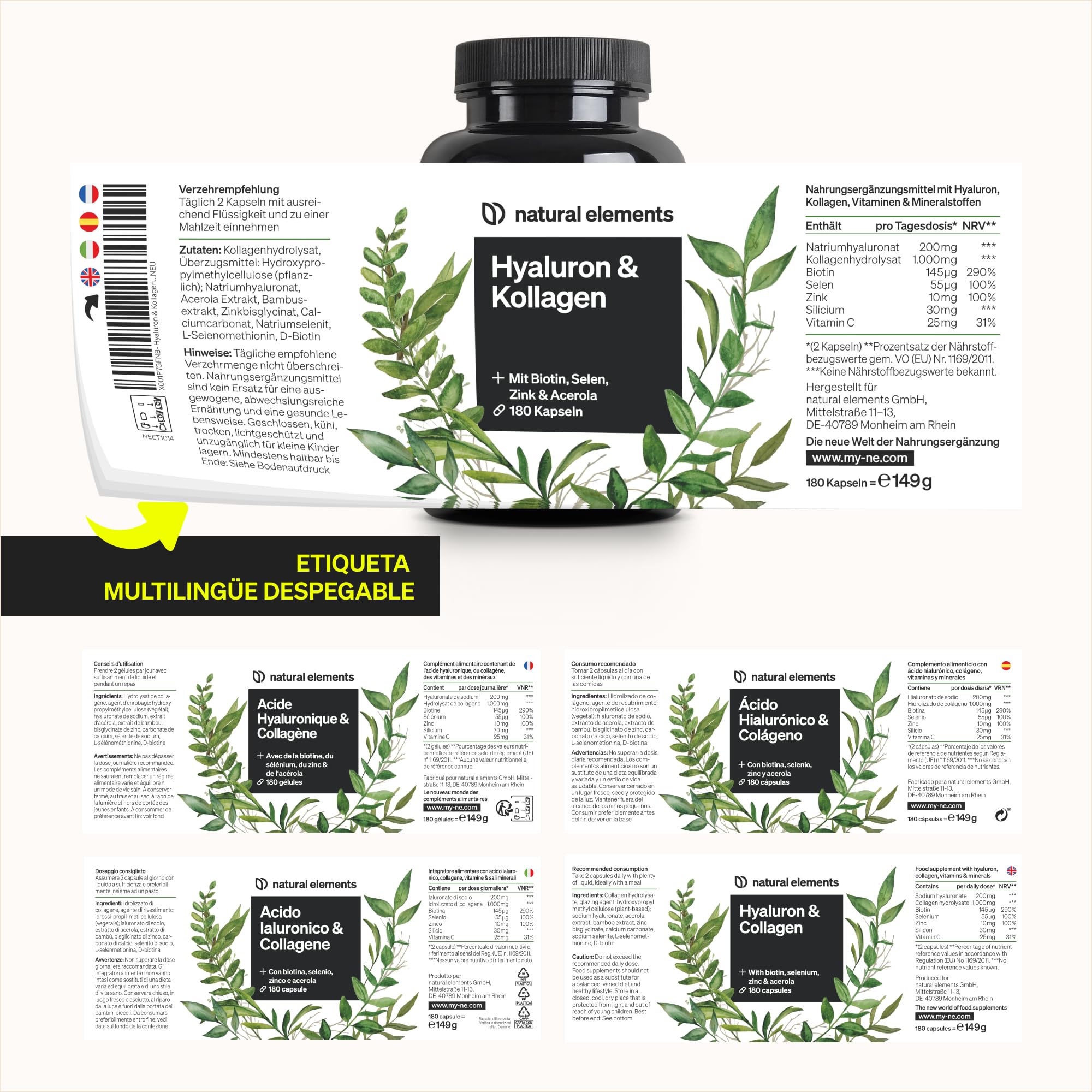 Colágeno + Ácido hialurónico - 180 Cápsulas - Con biotina, selenio, zinc, silicio y vitamina C (Acerola) - Para la piel, el cabello y articulaciones - 1000mg de colágeno hidrolizado
