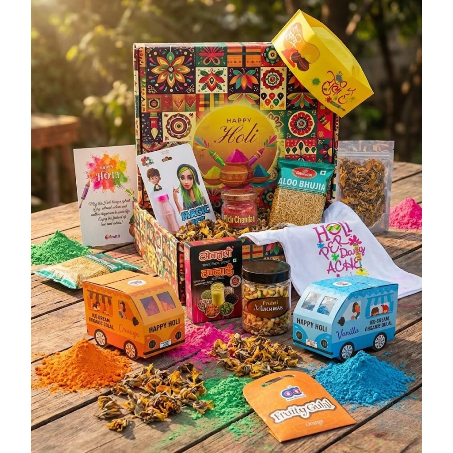 Fruitri Premium Holi Gift Hamper - 11 Item Kit with Gulal, Thandai, T-Shirt (XL) & Cap | Festive Gift Box with Magic Ice & Namkeen | Ideal Corporate Holi Gifts | Traditional Holi Gifts for Family with Greeting Card 3