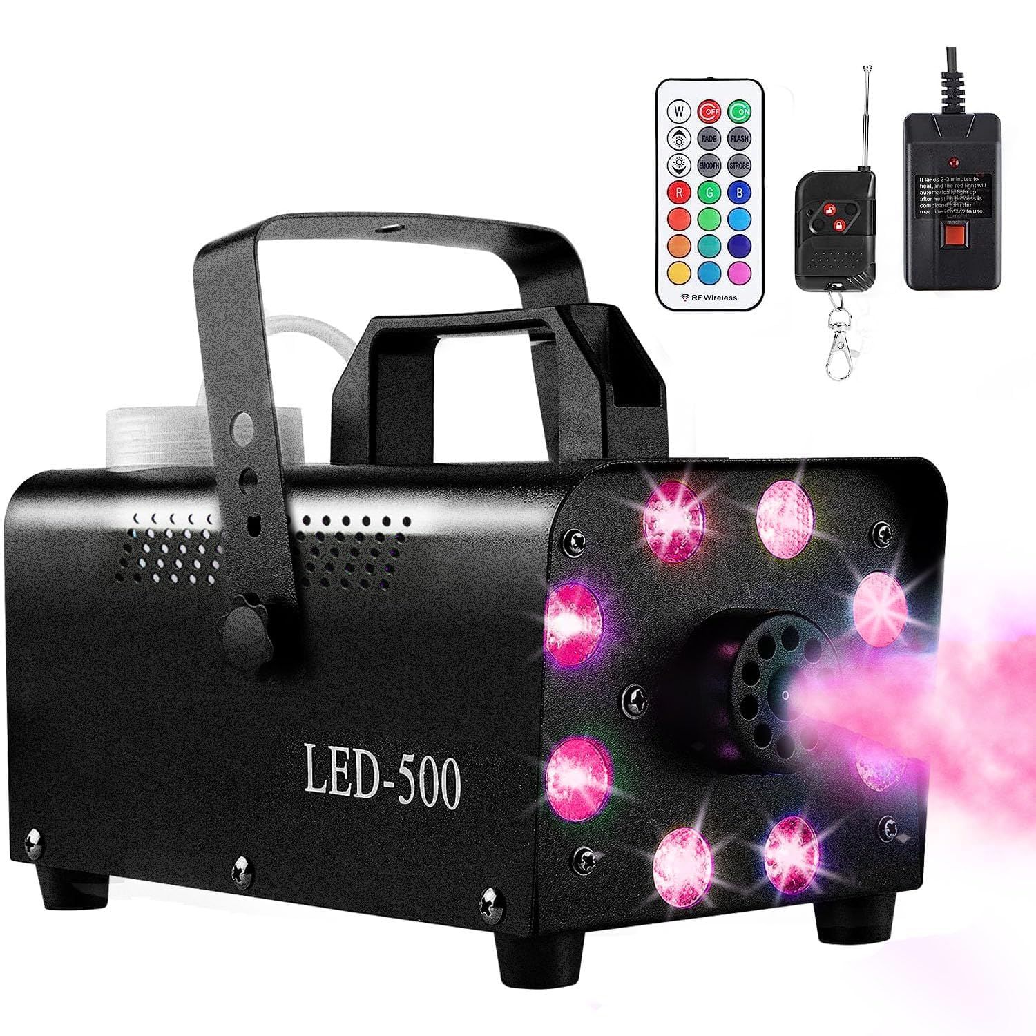 Wytwornica mgły o mocy 500 W, wytwornica dymu z 8 diodami LED, automatyczna wytwornica mgły z efektem świetlnym sterowanym za pomocą 12 kolorów, bezprzewodowa