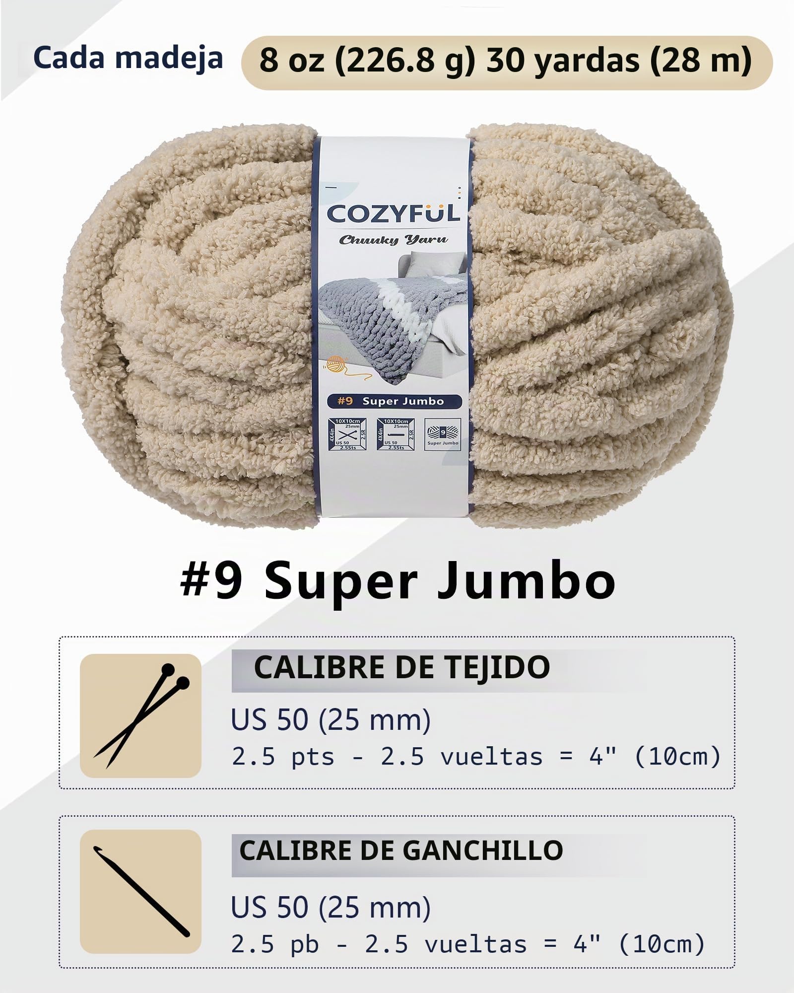 Cozyful Hilo grueso para tejer a mano, hilo grueso #9 para ganchillo, hilos de manta de punto súper grueso, hilos de felpilla gruesos grandes, paquete de 8 (32 yardas 8 onzas cada madeja), caqui