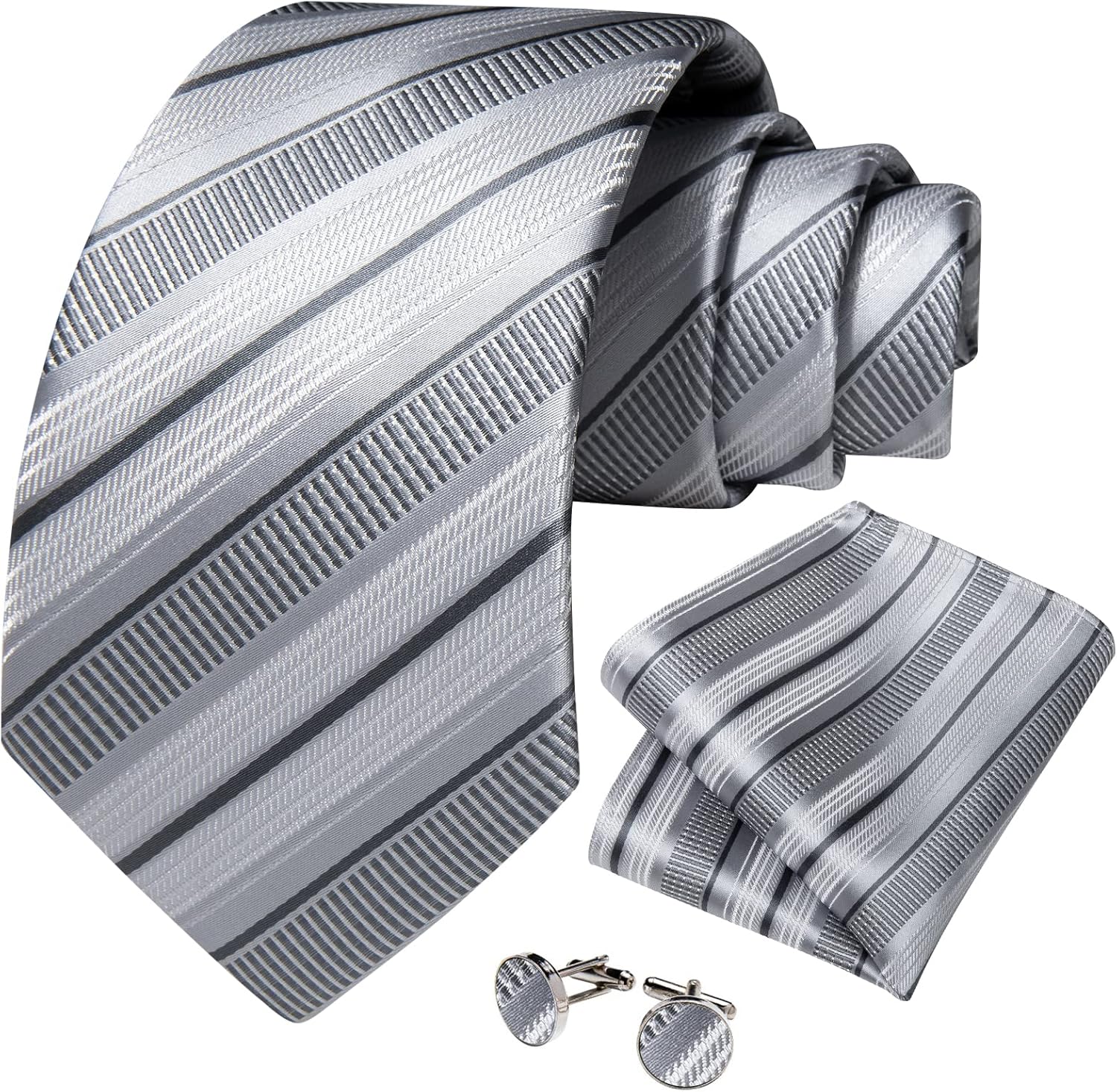 DiBanGu Striped Tie Set for Men Silk Woven Plaid Necktie and Pocket Square Cufflinks Business Wedding - Image 3
