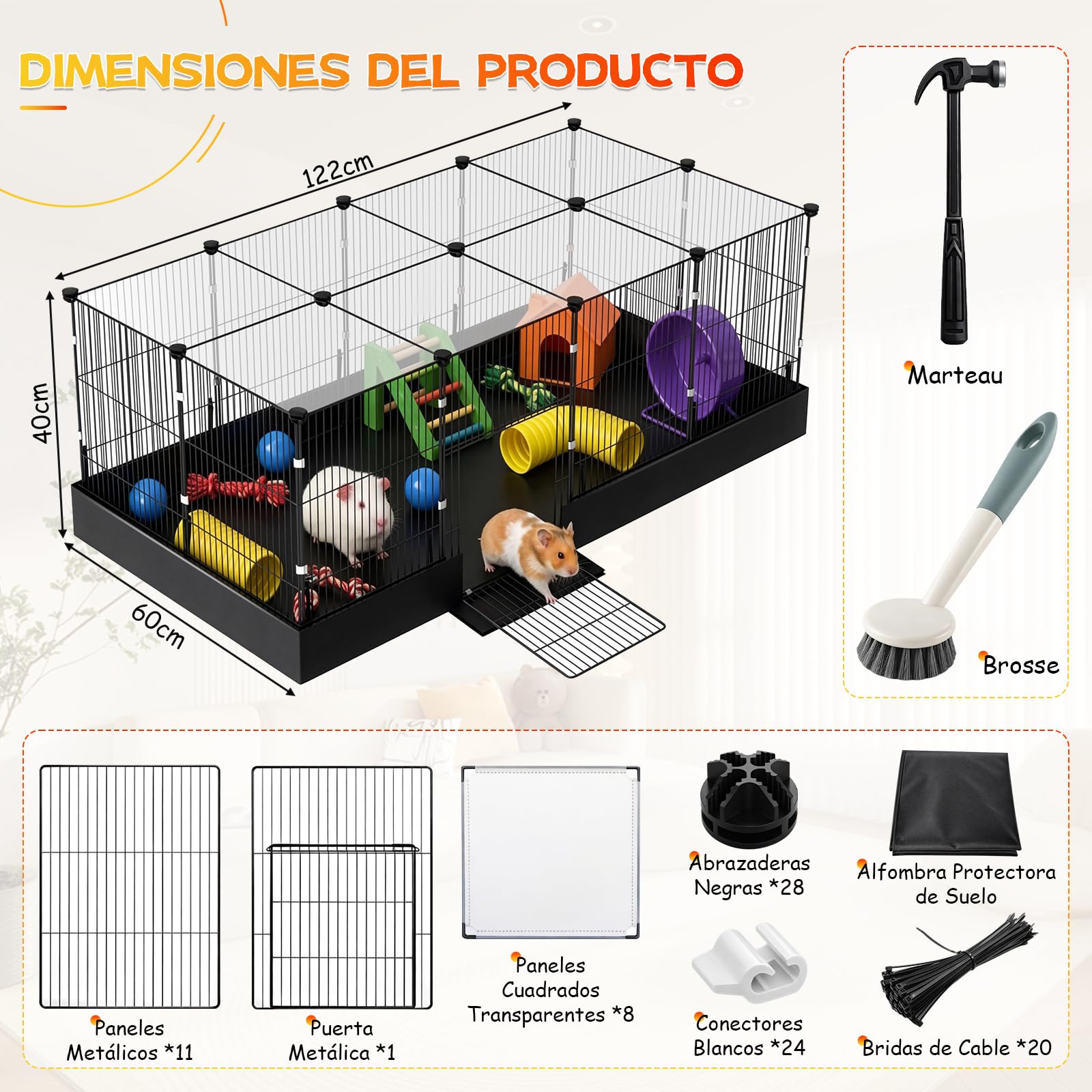 Recinto para animales pequeños, jaula interior con cubierta superior y forro impermeable para animales pequeños, 122 cm x 60 cm x 40 cm, recinto para conejos, hámster, erizo, cachorro