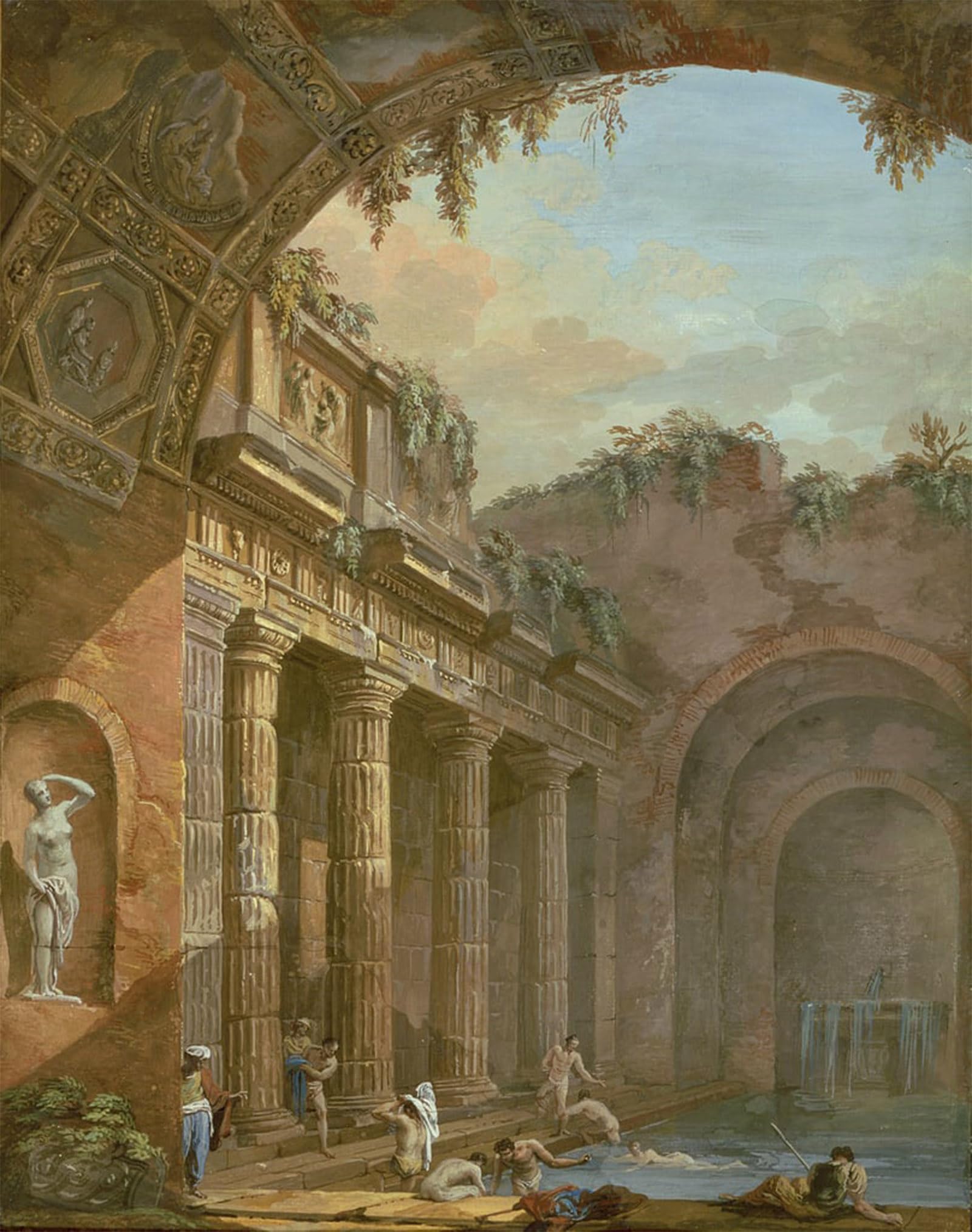 POSTERIIk Vintage Classic Picture Landscape Artwork Interior of a Bath by Charles Louis Clerisseau Portrait Canvas Painting for Office Home Decor 60x90cm