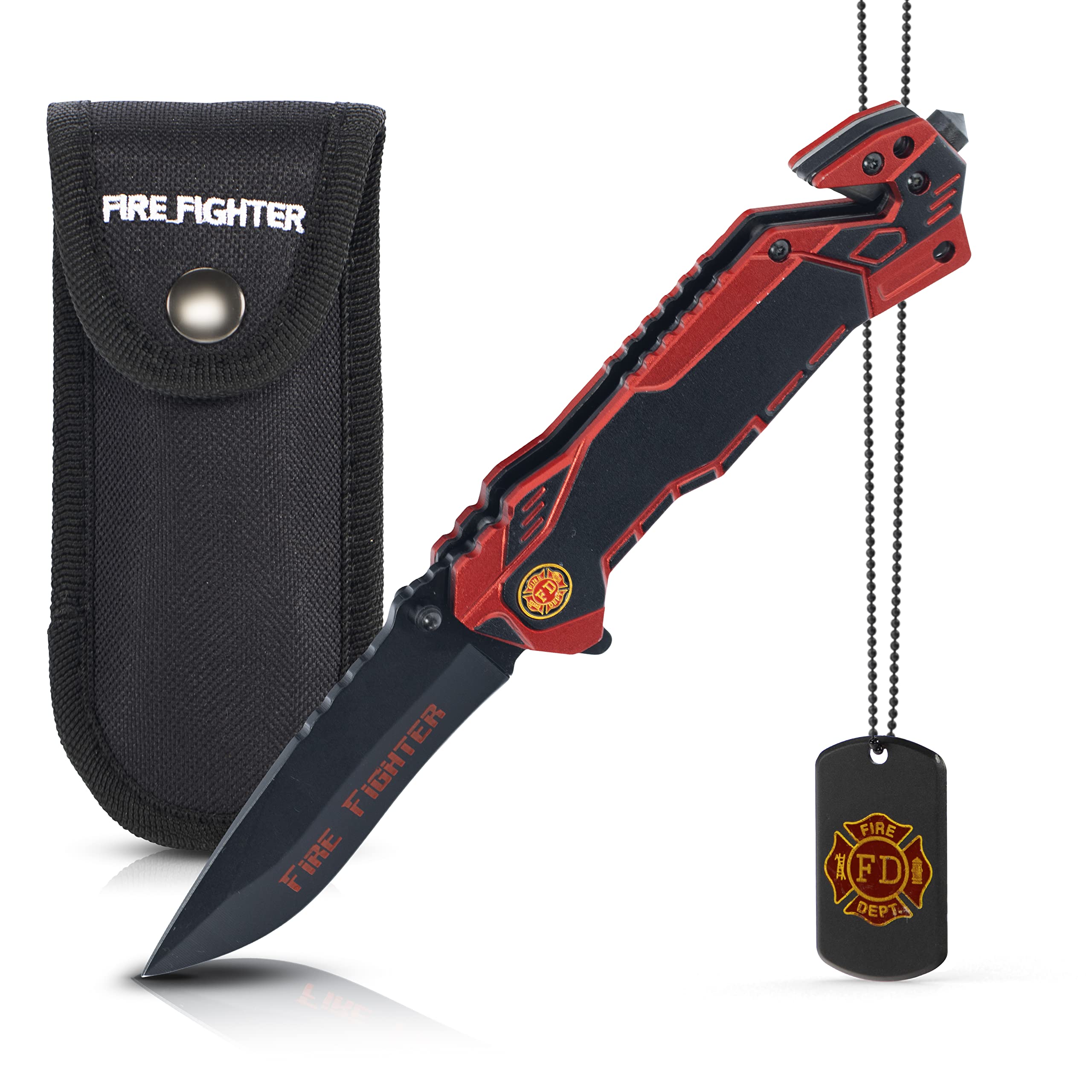 KOSxBO Firefighter Rescue Knife EMS Rettungsmesser mit Glasbrecher und Gurtschneider inkl. Messertasche und Dog Tag, Feuerwehr Messer Outdoor Taschenmesser Klappmesser