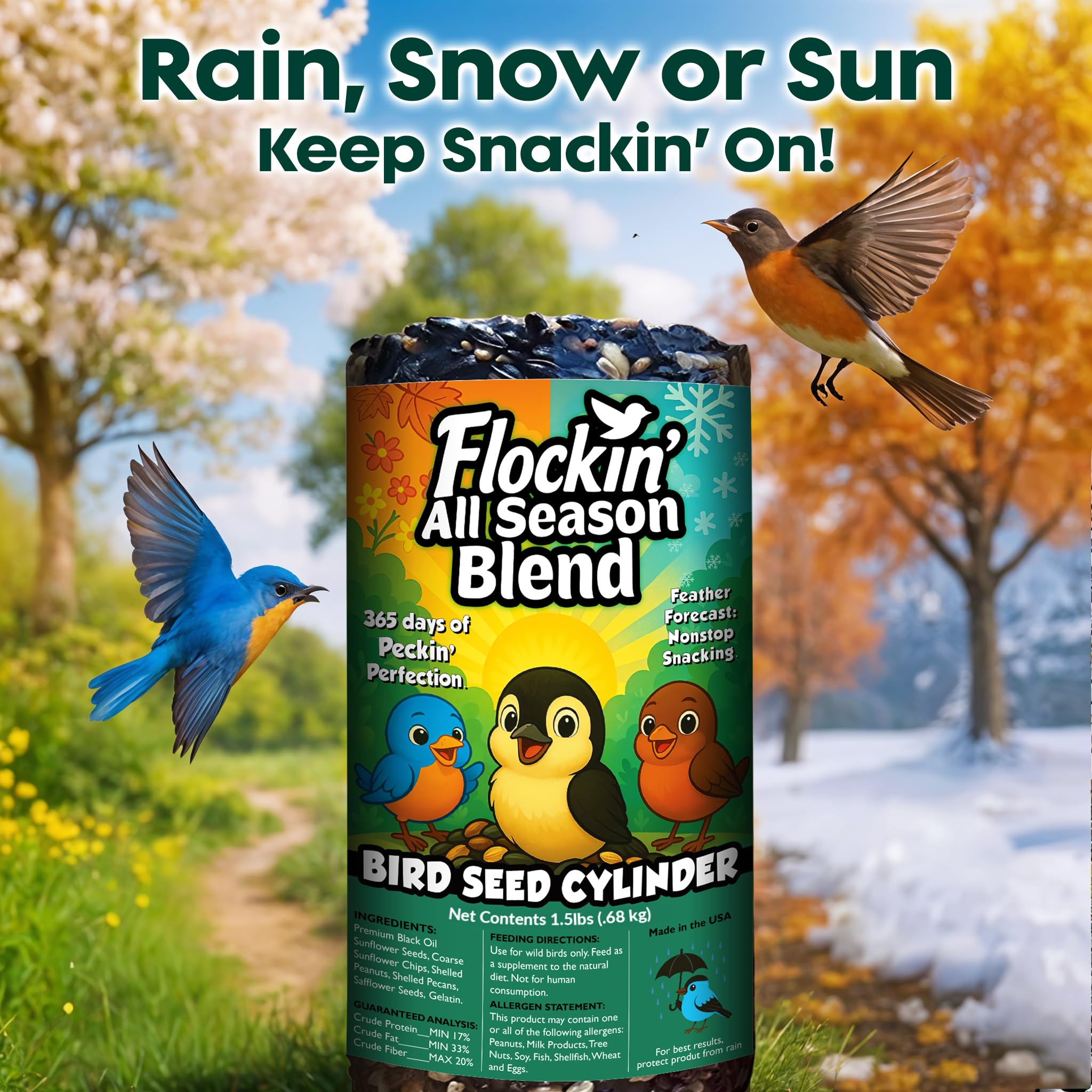 Cilindro de semillas de pájaros para todas las estaciones con agujero, alimento para pájaros silvestres durante todo el año para Blue Jays, palomas, pinzones y más, mezcla equilibrada de alta energía