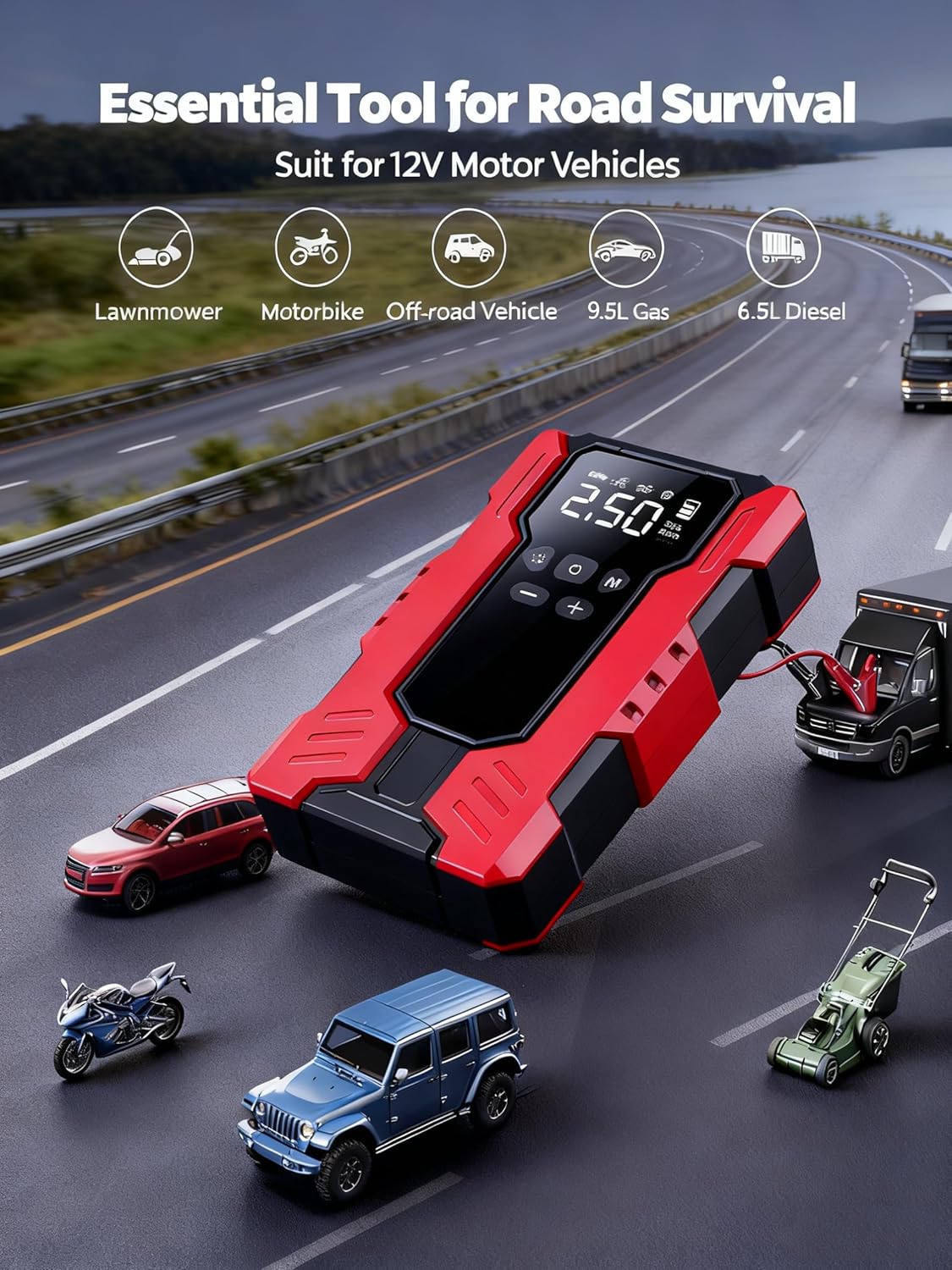 6000A Jump Starter with 150PSI Air Compressor, 12V Portable Car Battery Booster for 9.5L Gas/6.5L Diesel, 39800mAh Power Bank with LED Light & Jumper Cables, Storage Case