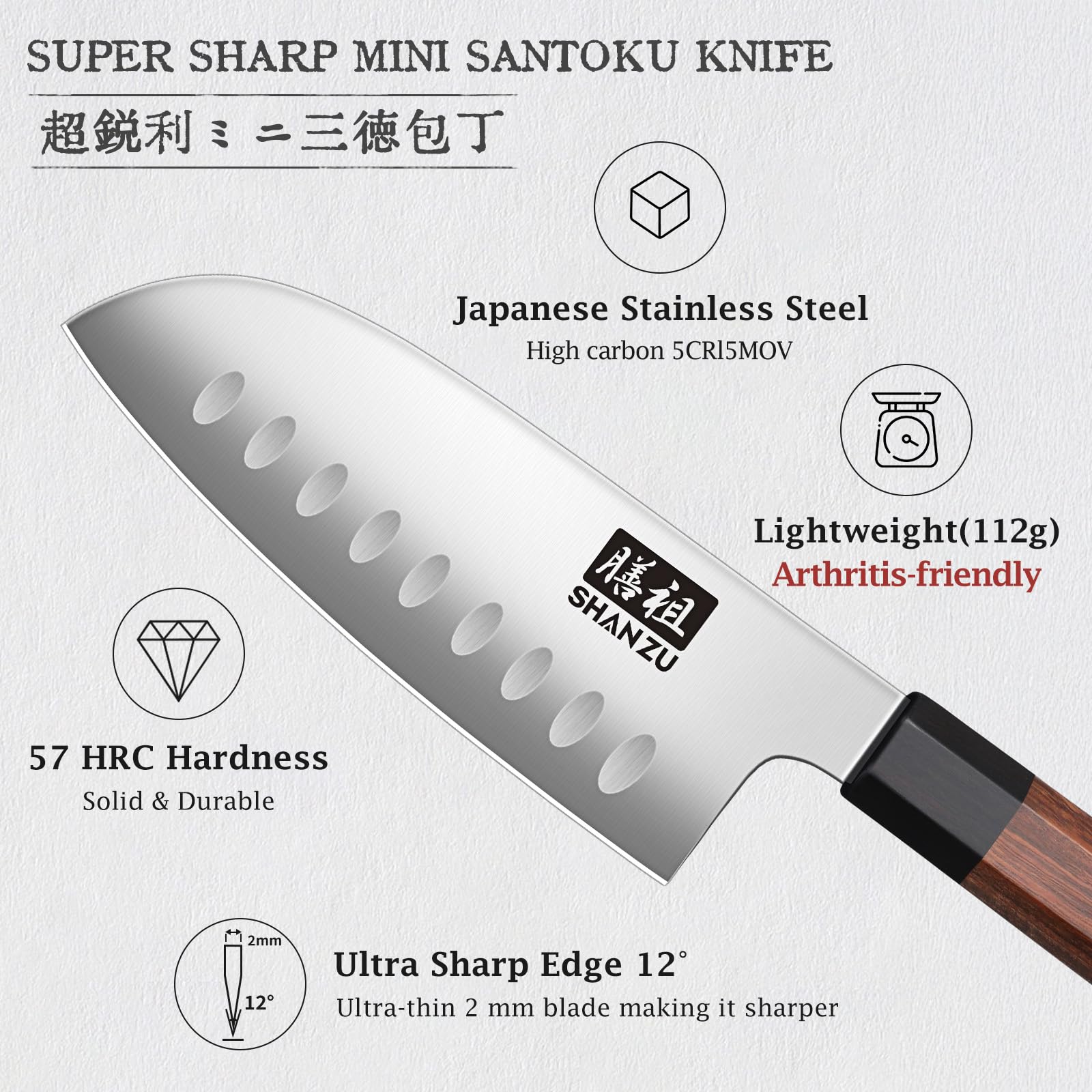 SHAN ZU 5 Inch Santoku Knife for Small Hands, Japanese High Carbon