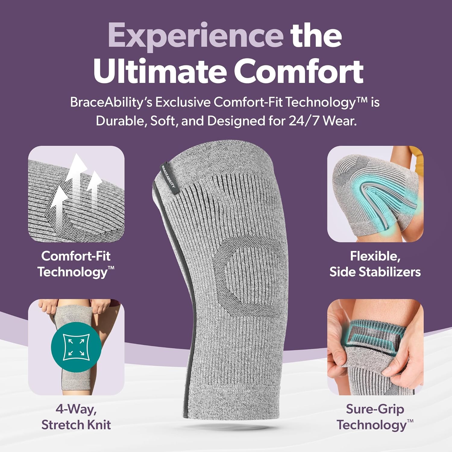 BraceAbility Knee Compression Sleeve - Knit Knee Pain Brace for Men and Women, Arthritis Relief, Meniscus Tear, Running, Workout, Sports, Swelling, Athletic Support for Joint Stability (M/L Gray)