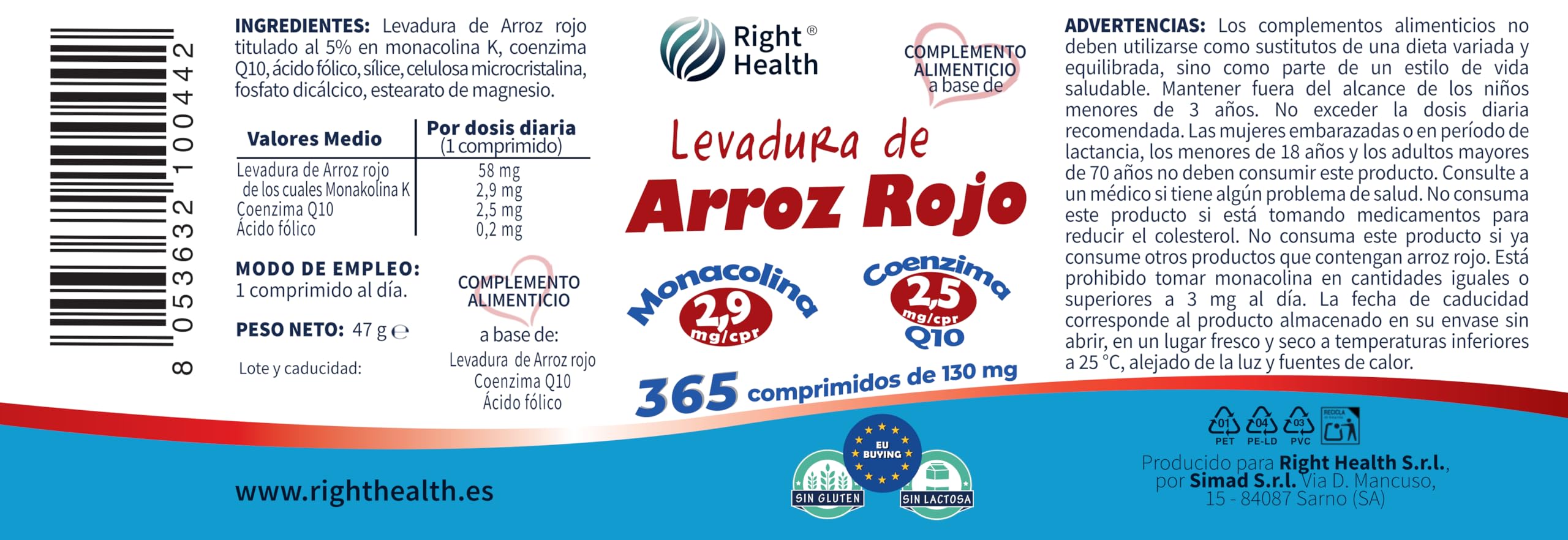 LEVADURA DE ARROZ ROJO: 365 comprimidos (suministro de 1 año) con fórmula sinérgica. Coenzima Q10 (2,5 mg) y Ácido fólico (0,2 mg), junto con 58 mg de Levadura de Riso Rosso por día.