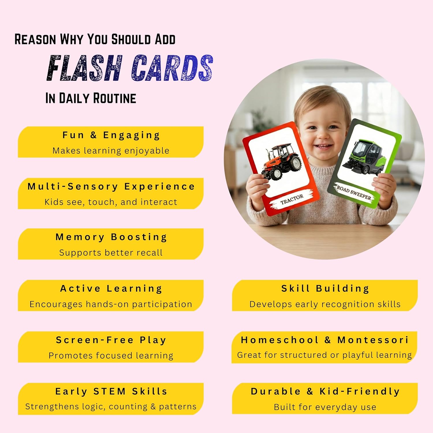 Vehicles Flashcards – Non-Tearable Synthetic Learning Cards for Toddlers, Preschool & Kindergarten, Double-Sided Set