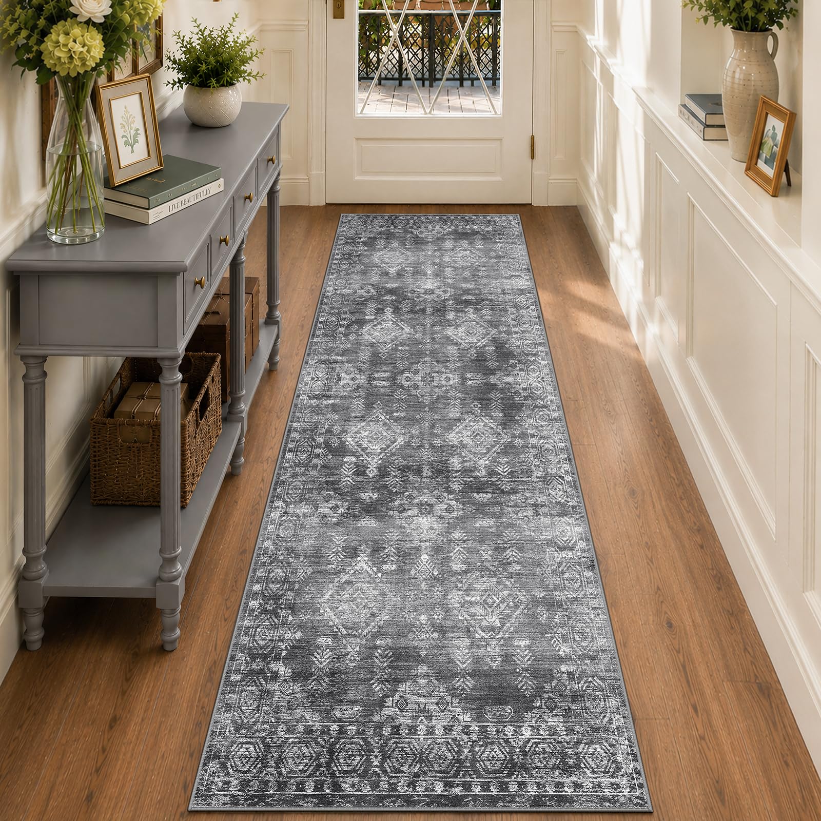 DEFYNEE Hallway Runner Rug 60x180cm, Washable Rugs Living Room, Grey
