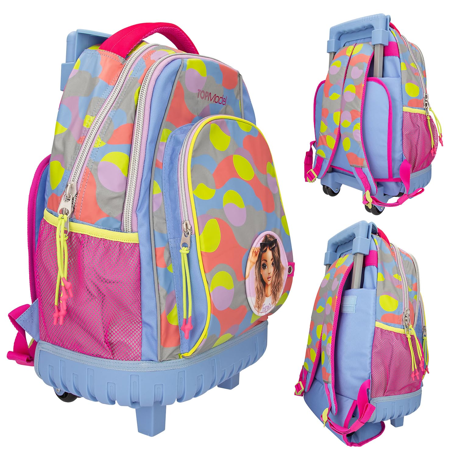 Depesche 12770 TOPModel Flash - Mochila escolar con diseño de modelo y diseño gráfico colorido en material reflectante, bolsa de escuela con asa telescópica y ruedas